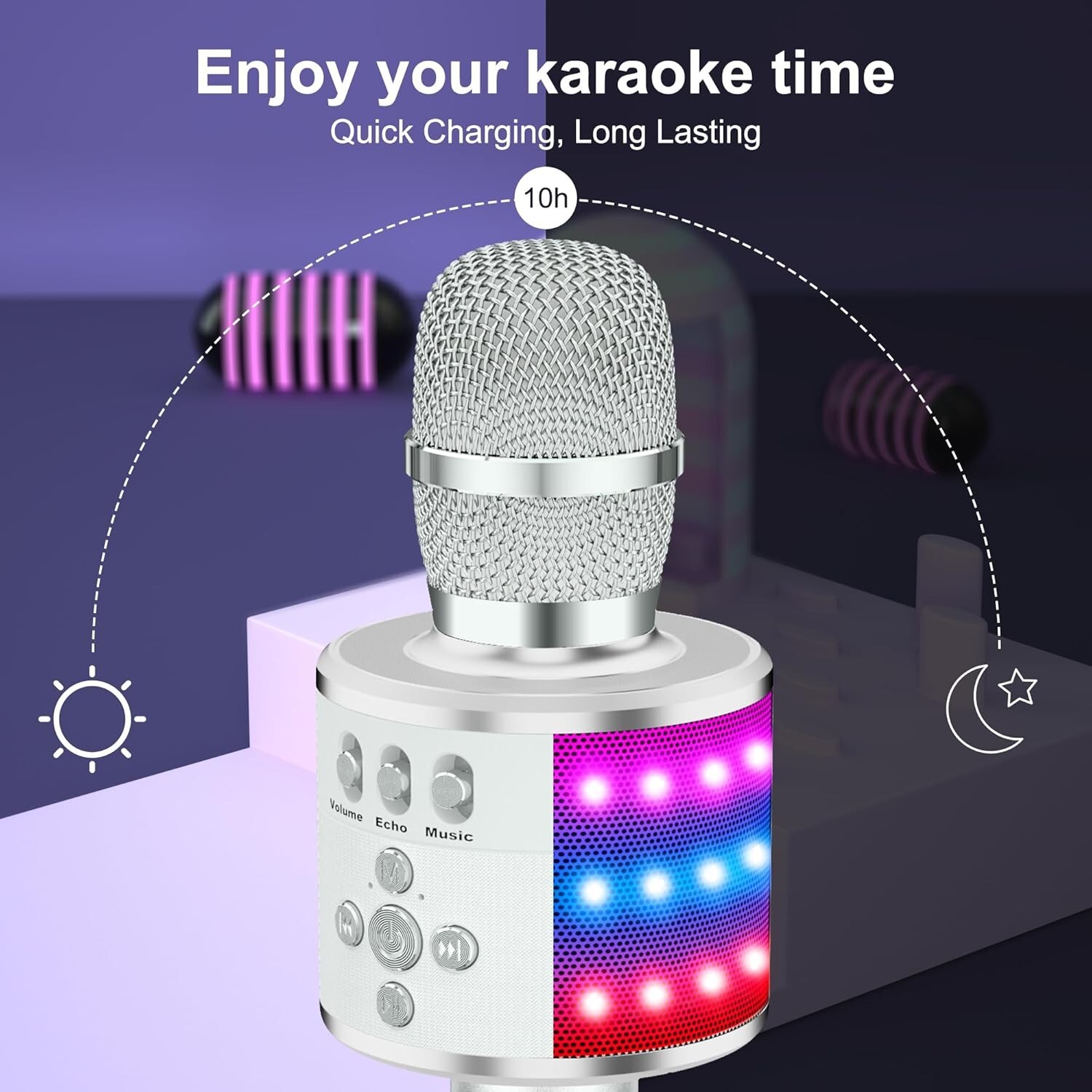 Compact Bluetooth Karaoke Microphone with Colorful LED Lights - Silver Edition
