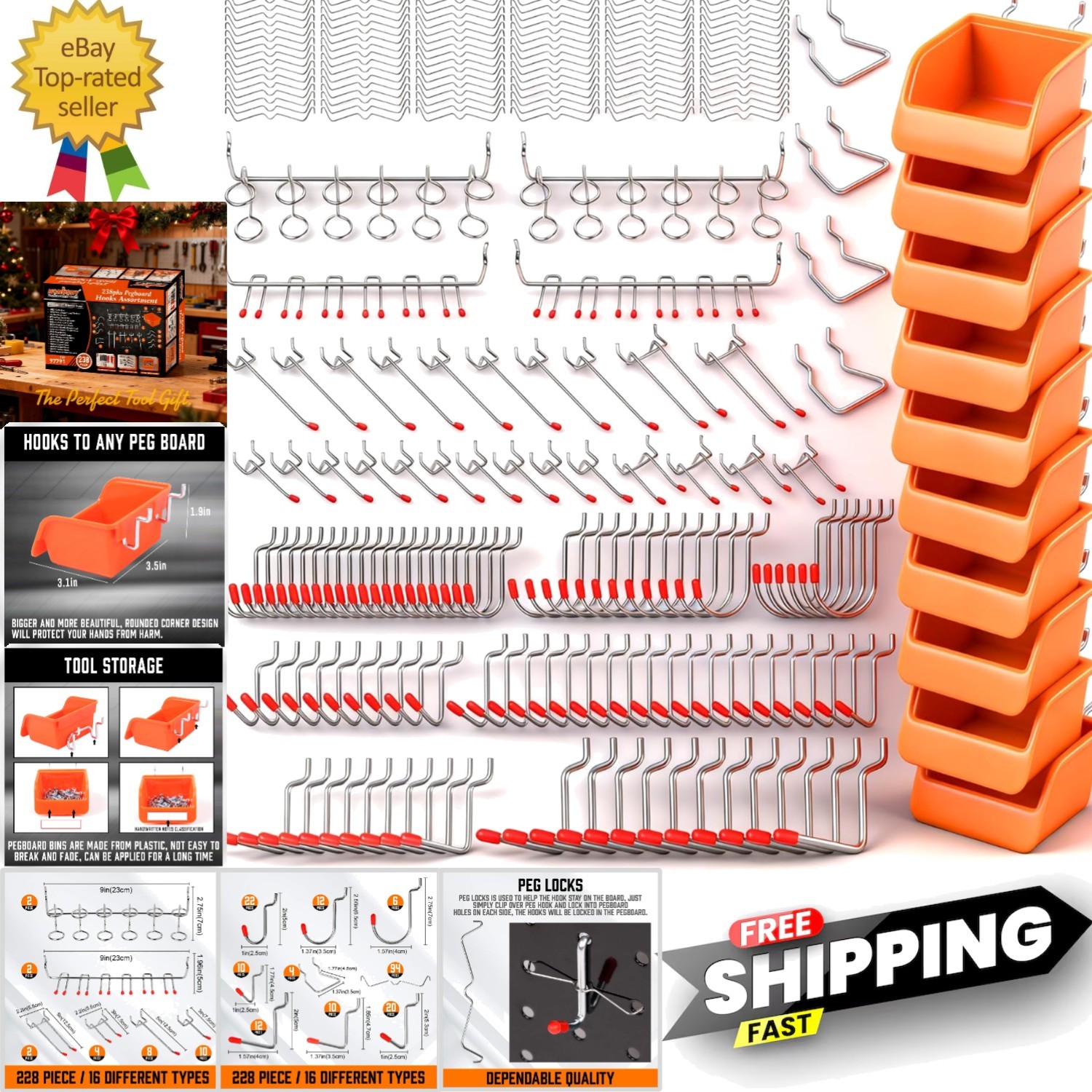 238 PCS Pegboard Hooks Assortment Kit – 16 Types Heavy Duty Pegboard Accessor...