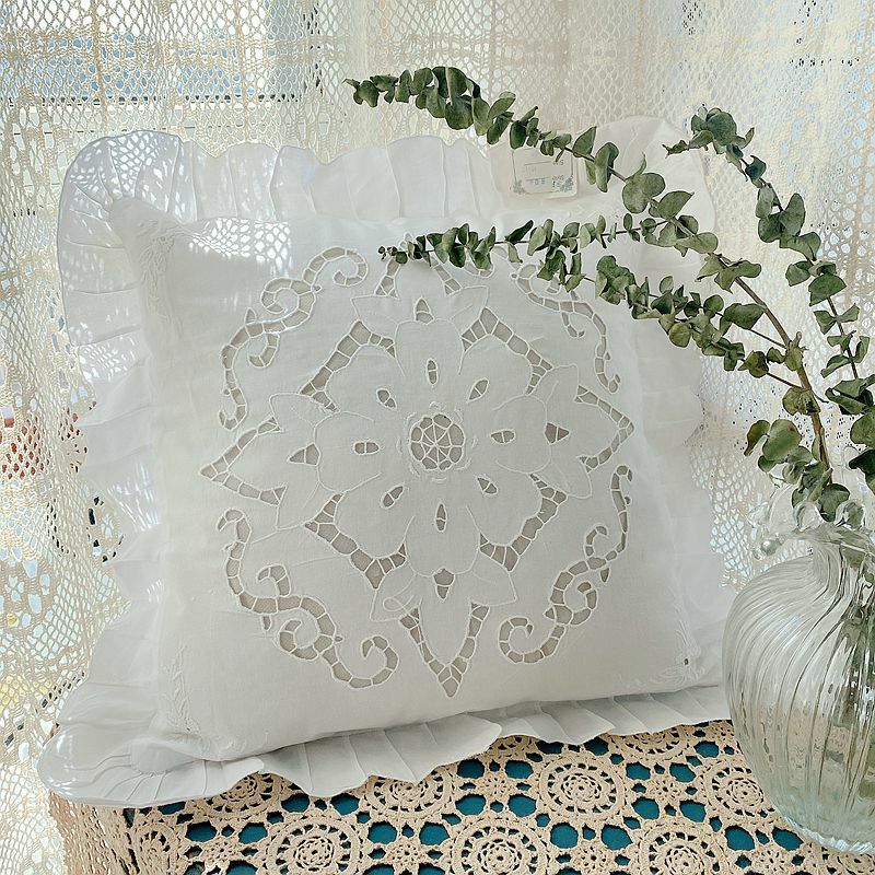 Elegant White Flower Embroidery Hand Hemstitch Wide Frill Cotton Cushion Cover