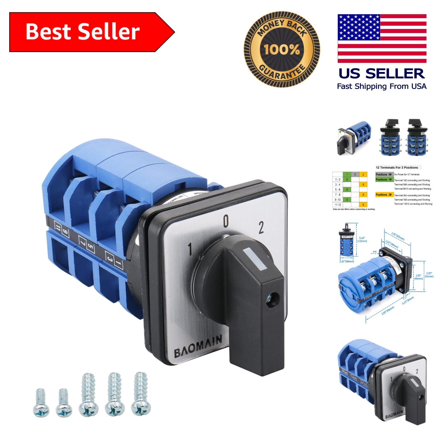 Durable 12-Terminal Rotary Switch with 3-Position Circuit Selection Capability