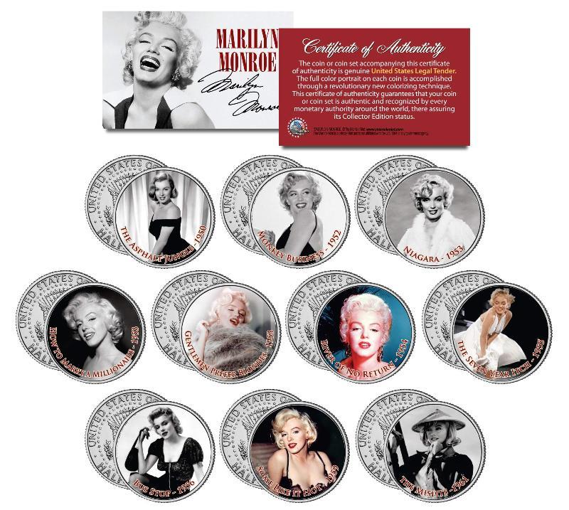 MARILYN MONROE MOVIES Colorized JFK Half Dollar 10-Coin Set OFFICIALLY LICENSED