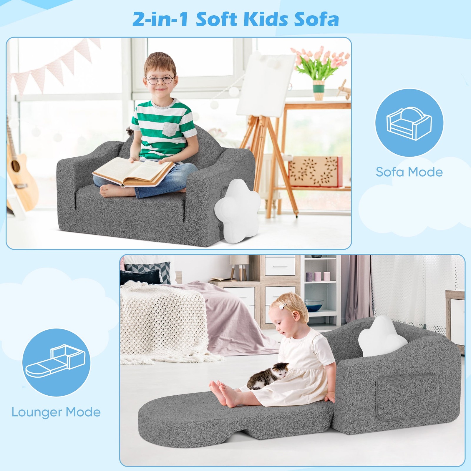 Kids 2-in-1 Toddler Couch Fold-Out Soft Convertible Chair Deep Gray Unisex