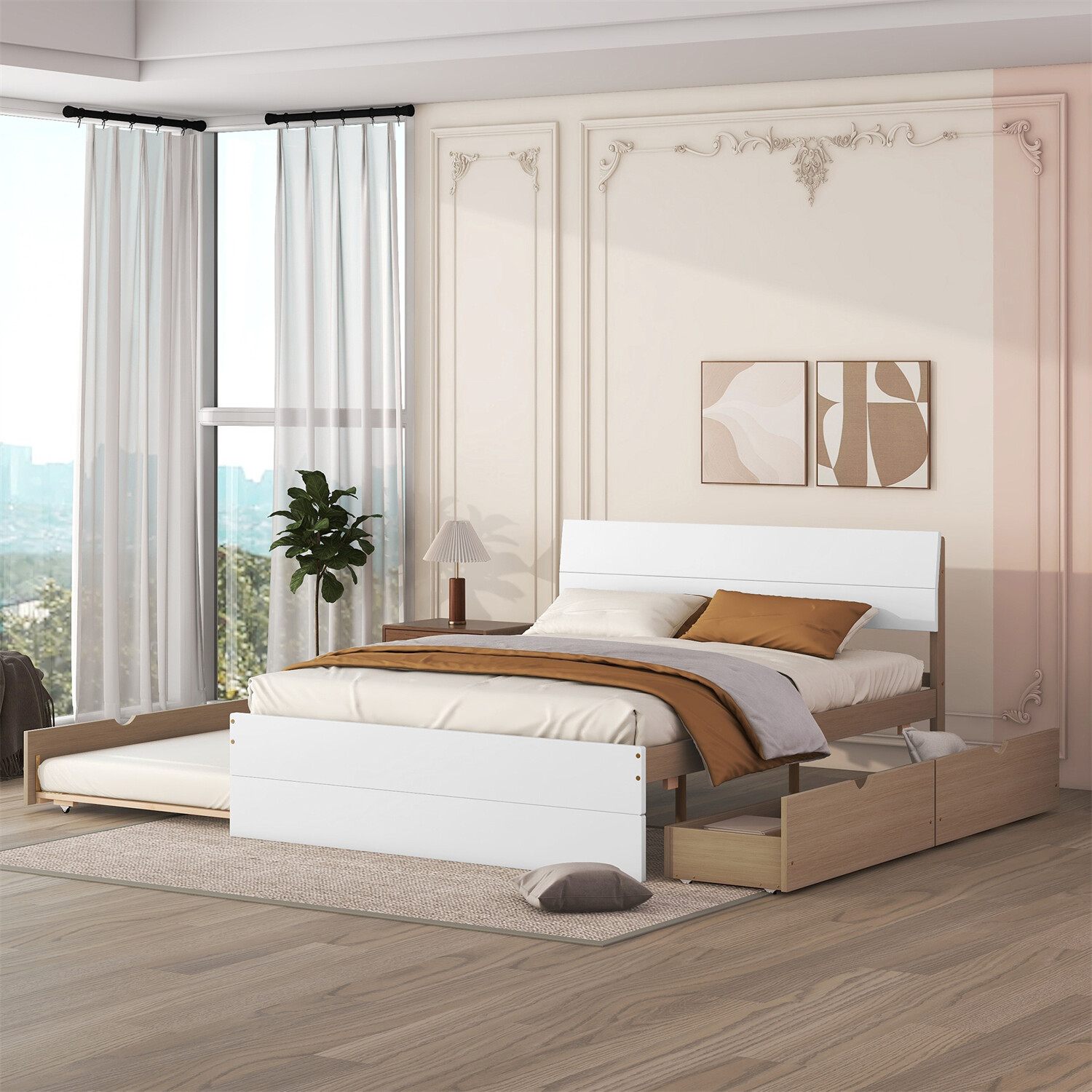 Full Size Bed Frame Wood Platform Bed Frame w/ Twin Size Trundle & 2 Drawers