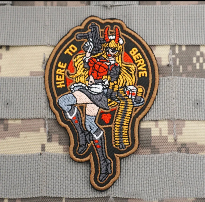 STRIKING "HERE TO SERVE" EMBROIDERED IRON-ON PATCH...VERY RARE!!!