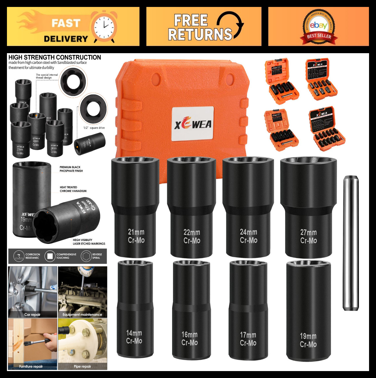 9PCS Lug Nut Extractor Set - 1/2" Drive Impact Socket Remover for Damaged Bolts