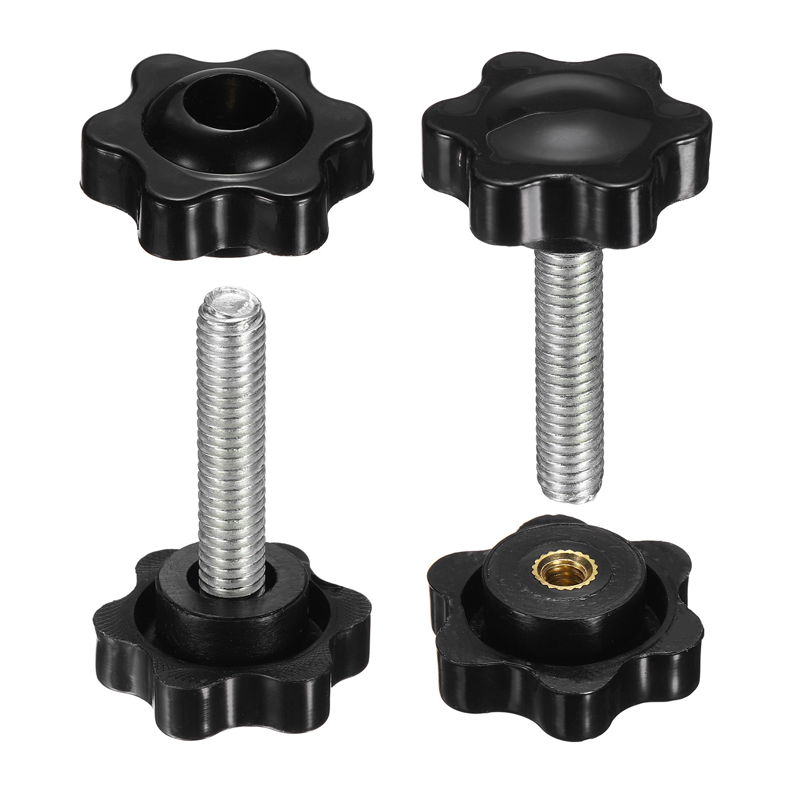 2 Set Star Knobs M6 x 30mm Male + M6 Female Thread 25mm Head Handles, Black