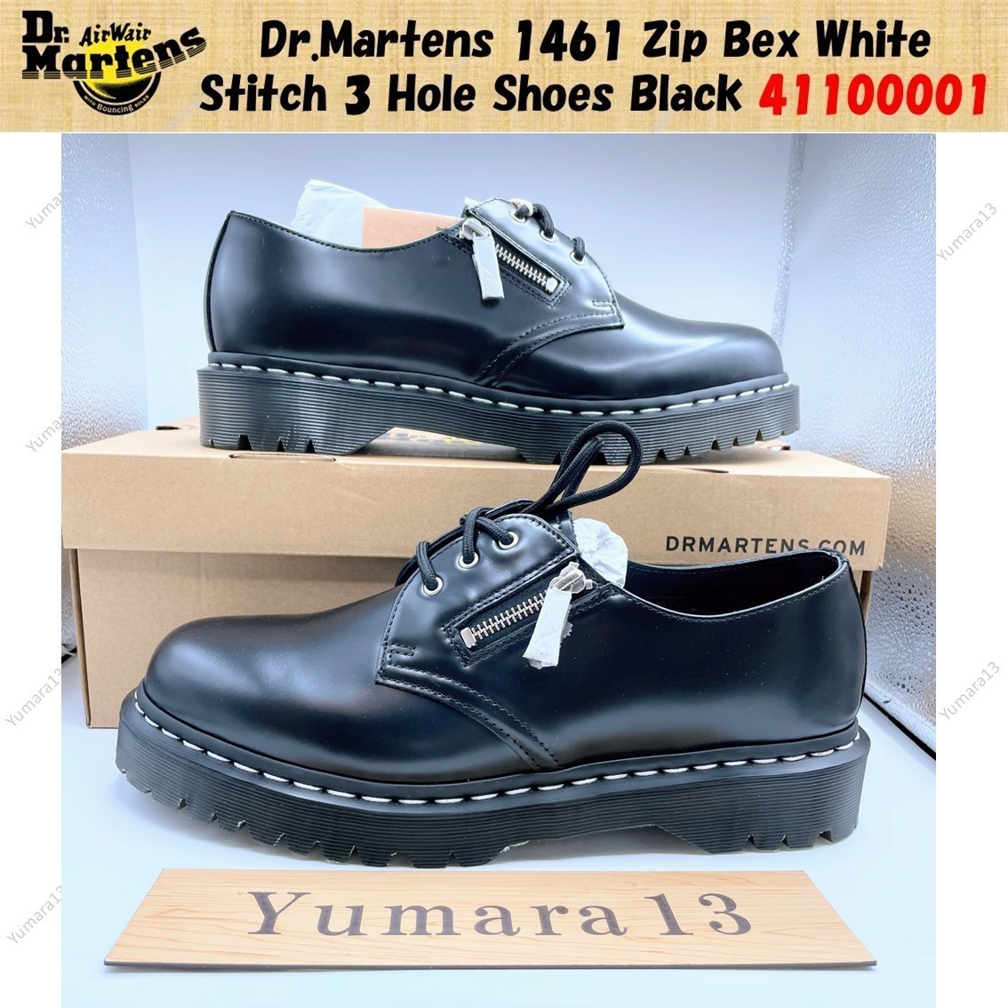 Dr.Martens 1461 Zip Bex White Stitch 3 Hole Shoes Black 41100001 Men's Size