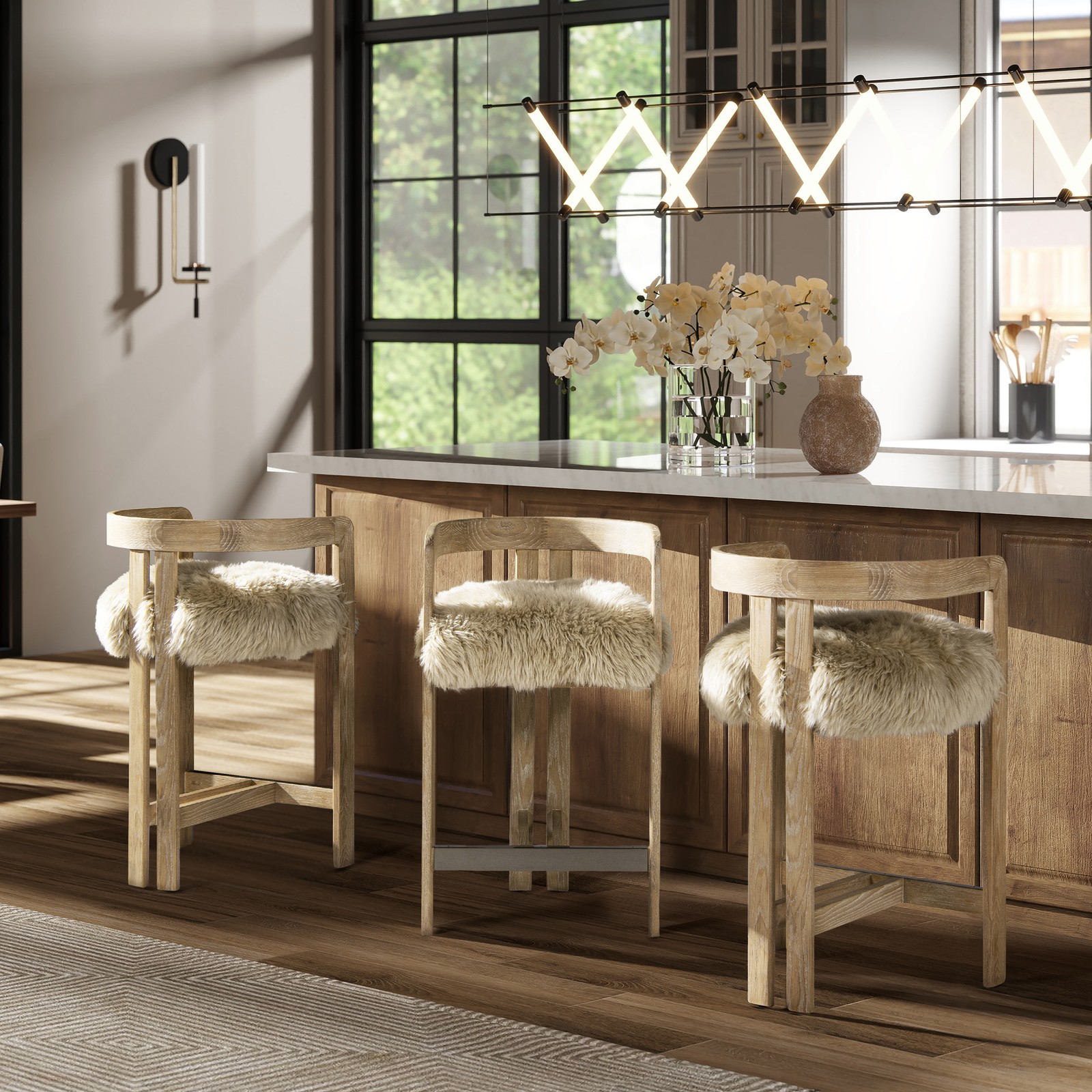 Millwick 26.5" Low Back Genuine Fur Counter Stool, Natural Blonde Genuine Fur