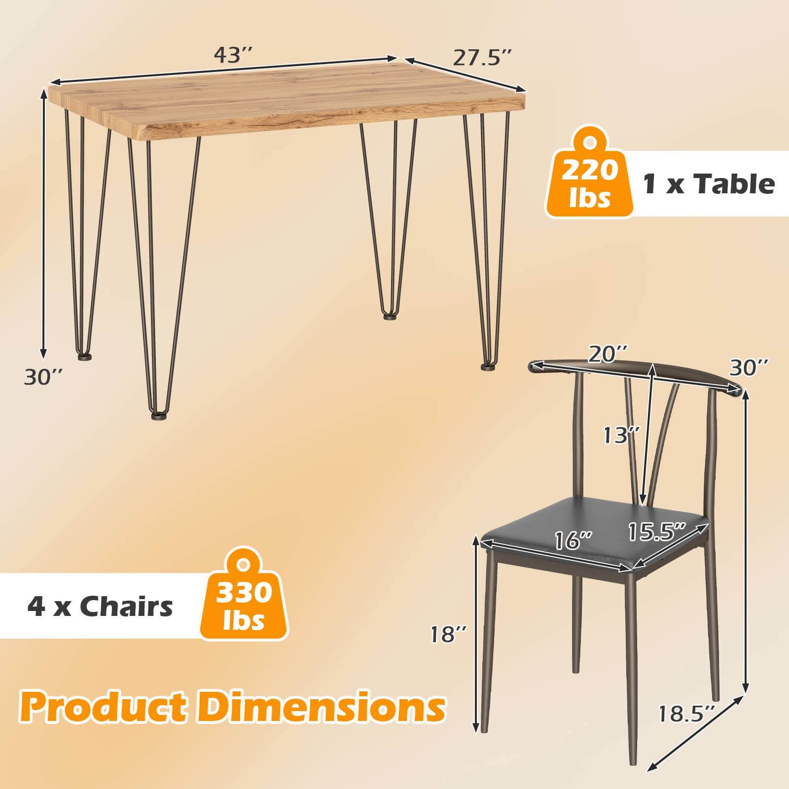 Rectangular Kitchen Table and 4 Armless Chairs w/ Upholstered Seat, Spindle Back
