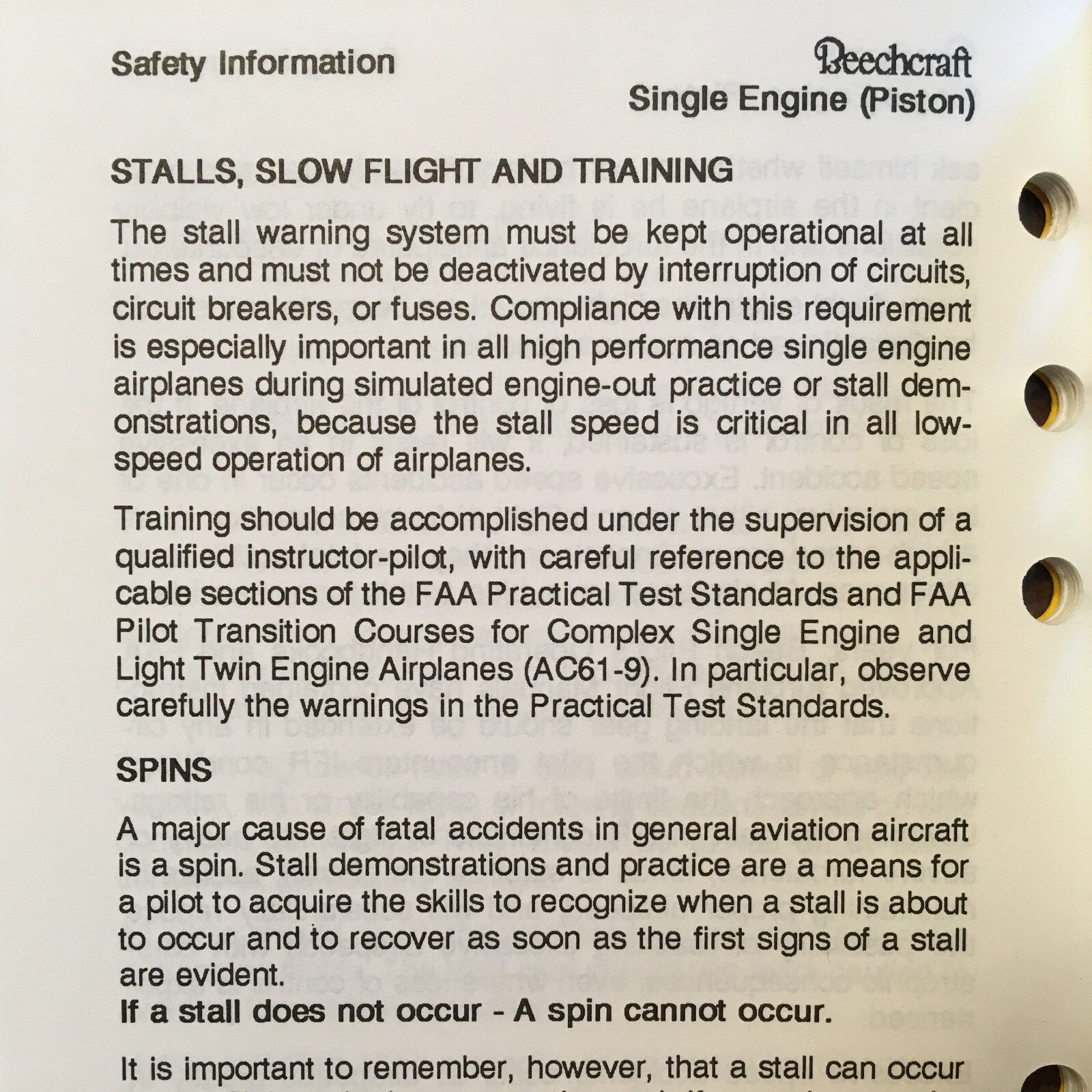 Beechcraft Single Engine (piston) Airplanes Safety Information Booklet