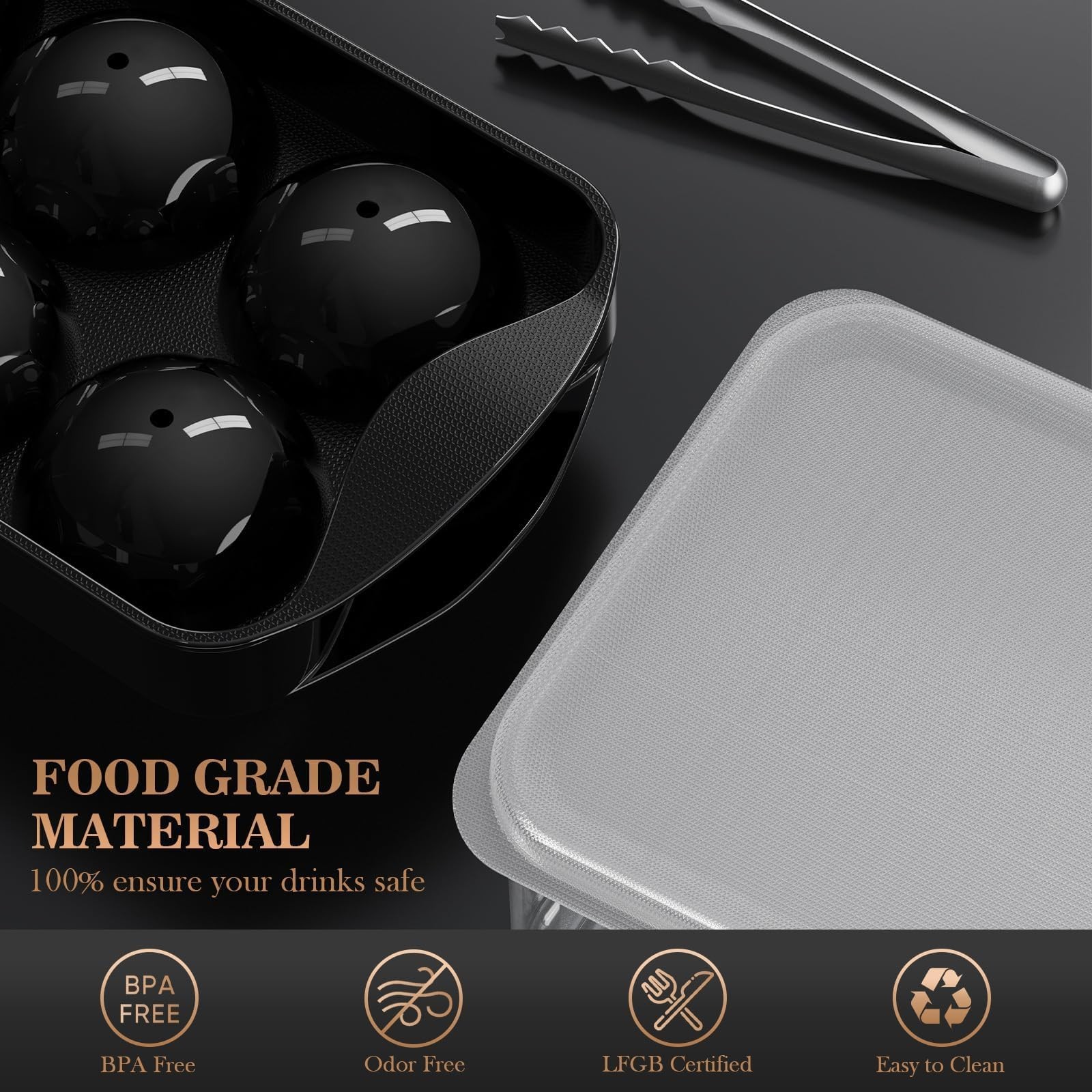 2 Pack Black Whiskey Ice Cube Molds Round Sphere 2.2 Inch