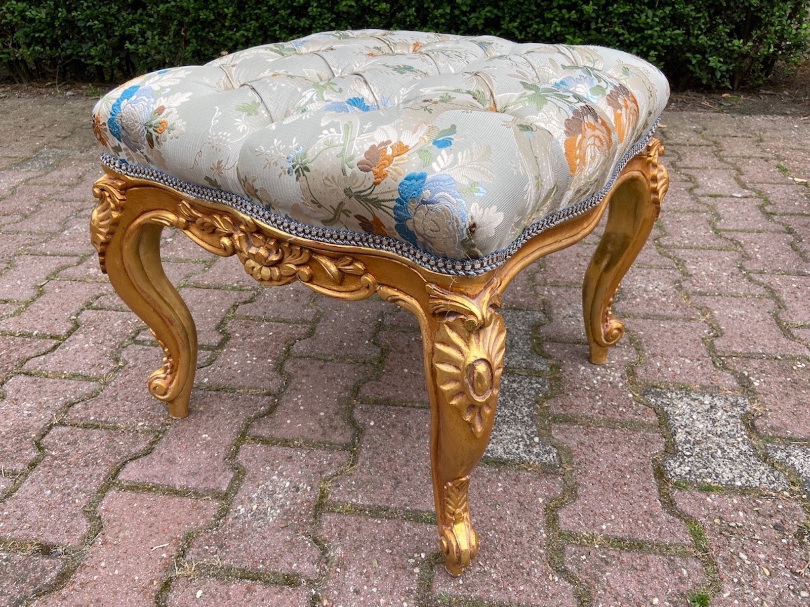 Bench Louis XVI Gold Beech Pistachio Damask French Upholstered 1980s