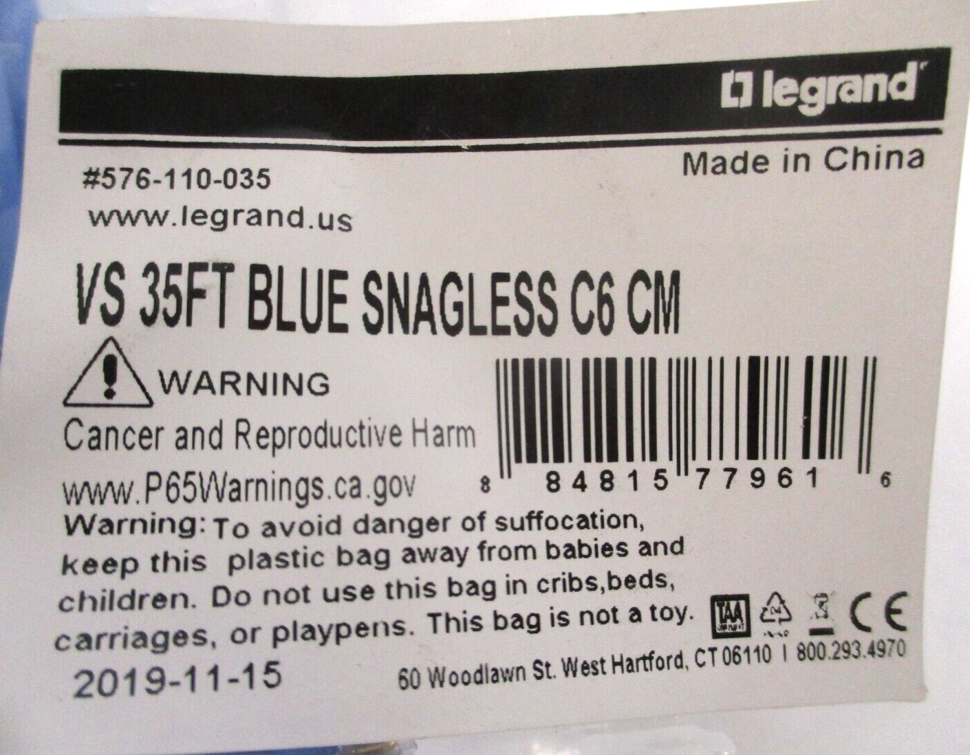 LEGRAND, 576-110-035 , VS-35FT-BLUE-SNAGLESS-C6-CM CABLE , LOT OF 25 , SURPLUS