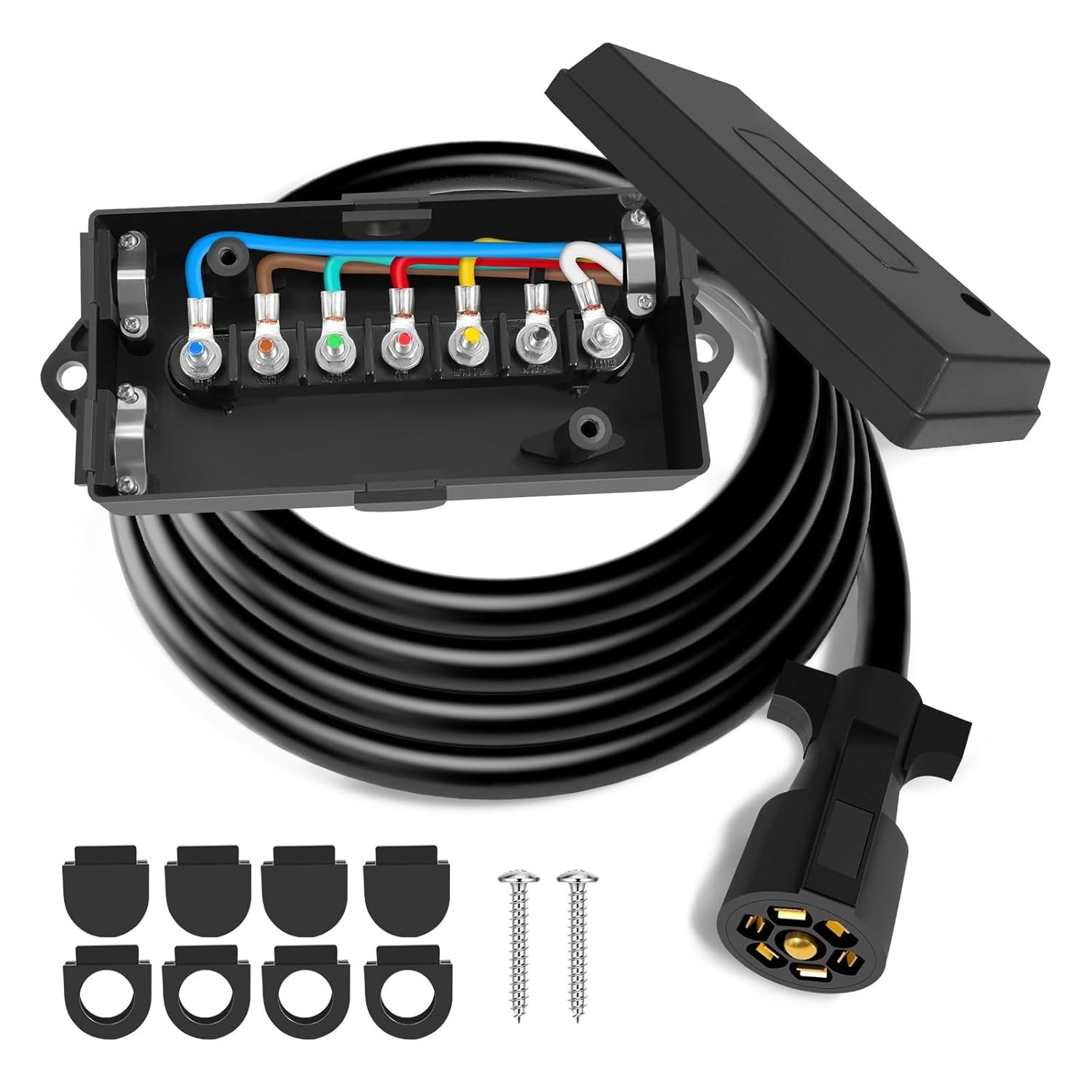 7/8/10 ft Heavy Duty 7 Way Trailer Cord RV Plug Inline 7 Gang Junction Box