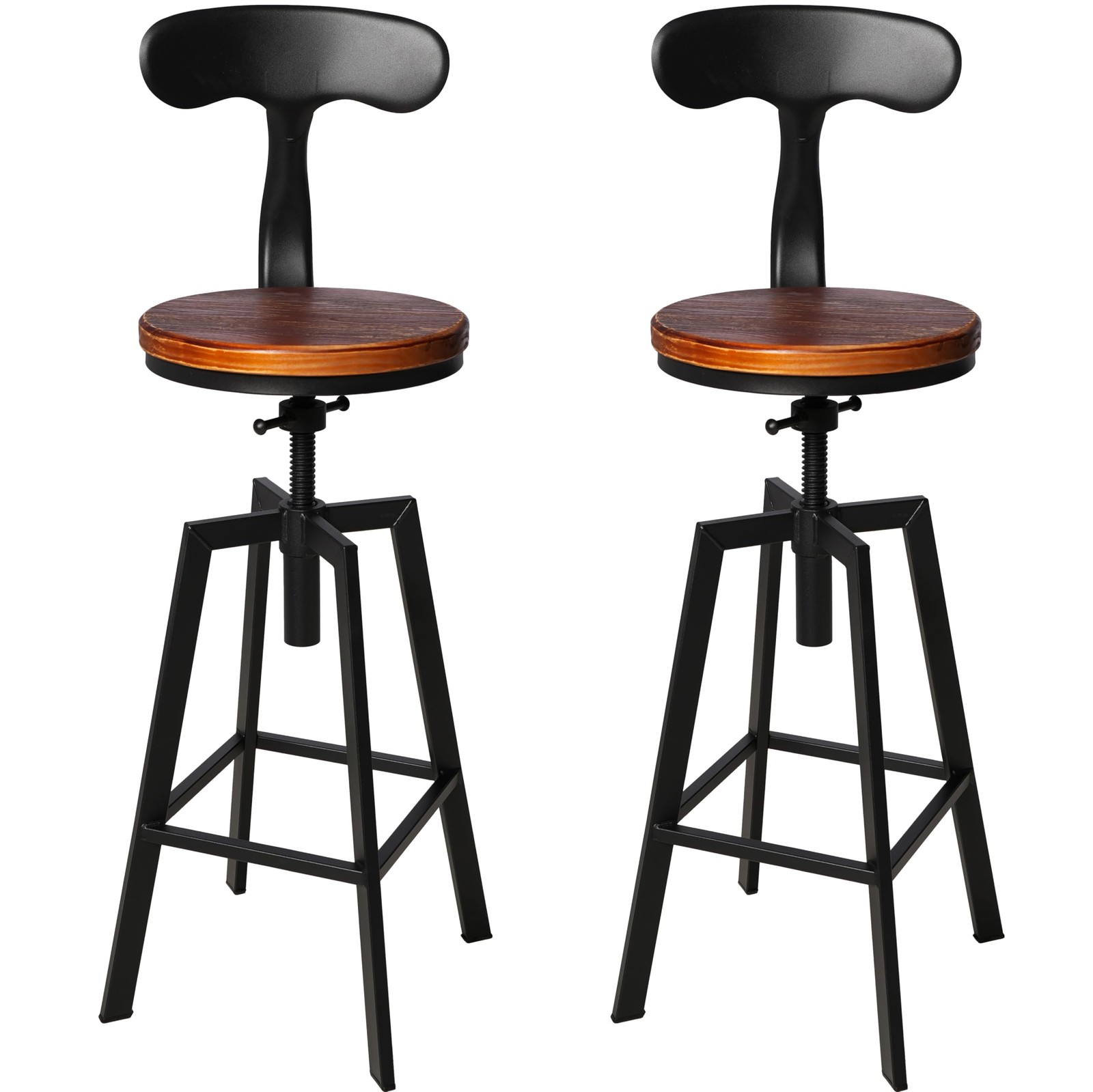 Adjustable Set of 2 Industrial Bar Stools with Swivel Wooden Seat and Backrest