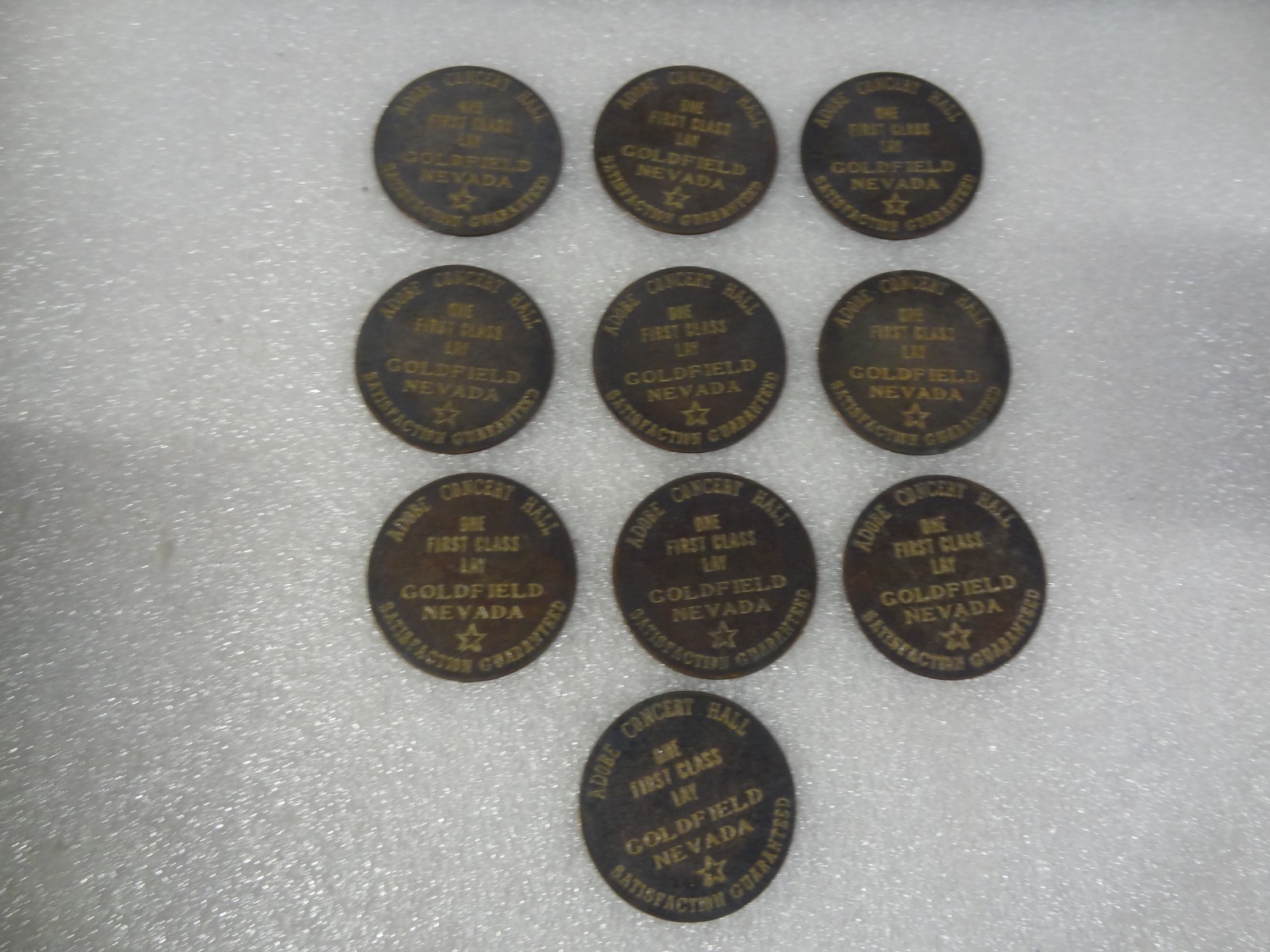 Lot of 10 Vintage Brass Brothel Coins Tokens ADOBE CONCERT HALL NEVADA 1-3/4"