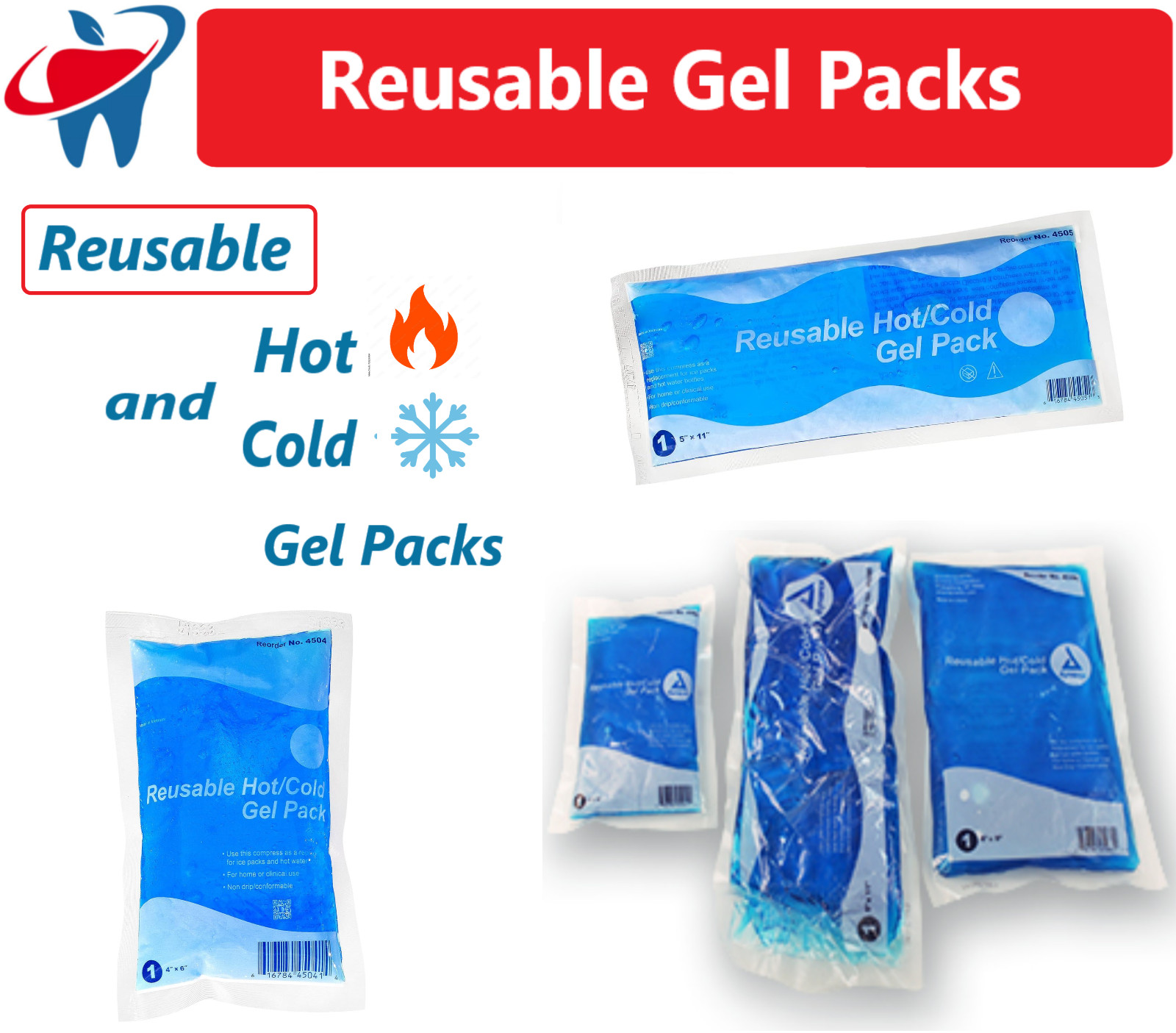 Reusable Flexible Comfort Gel Ice Pack Hot/Cold Pac Non Toxic 3 Sizes, 1-4 Packs