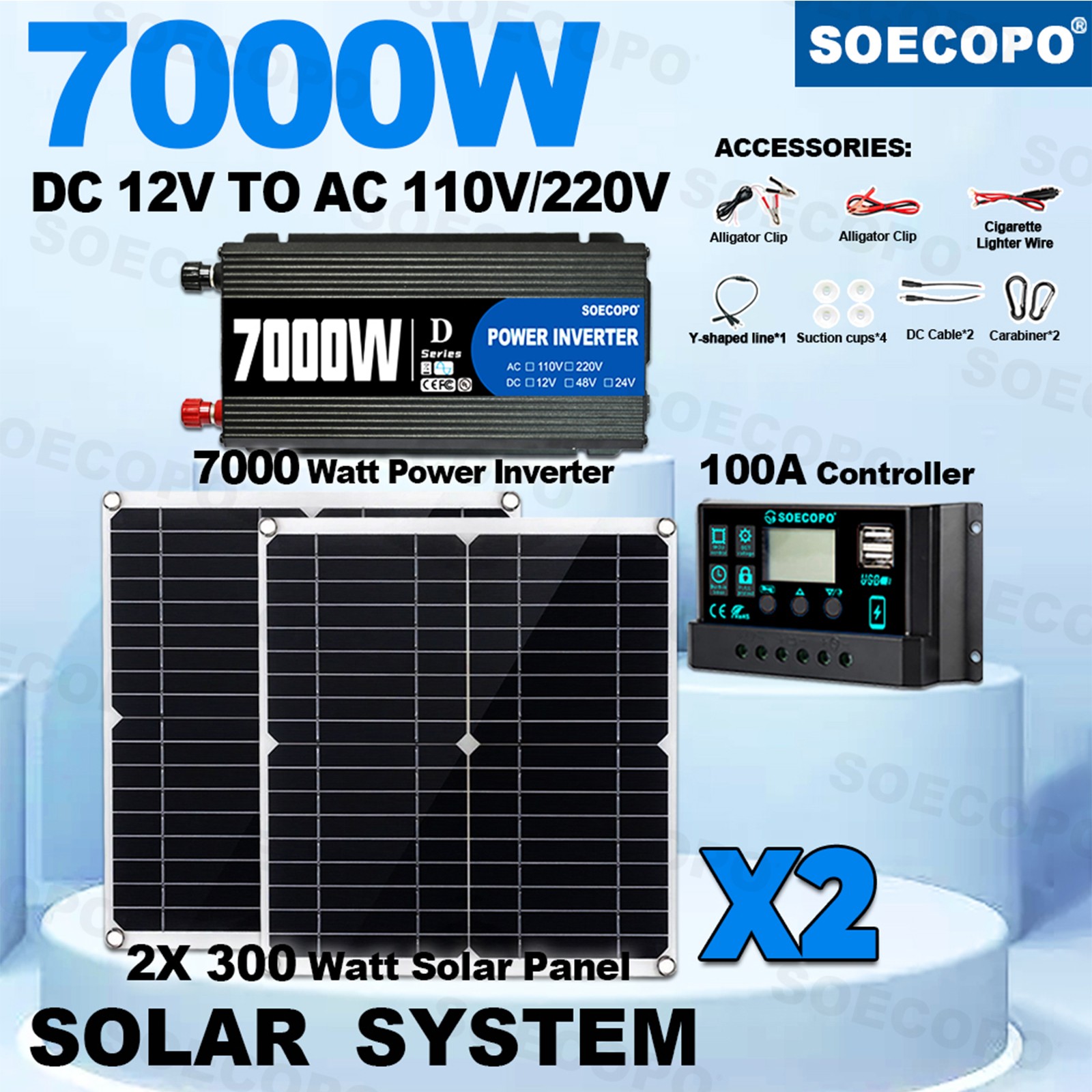 Complete 7000W Off-Grid Solar Kit 7000W Inverter 2pcs 300W Solar Panels 110/220V