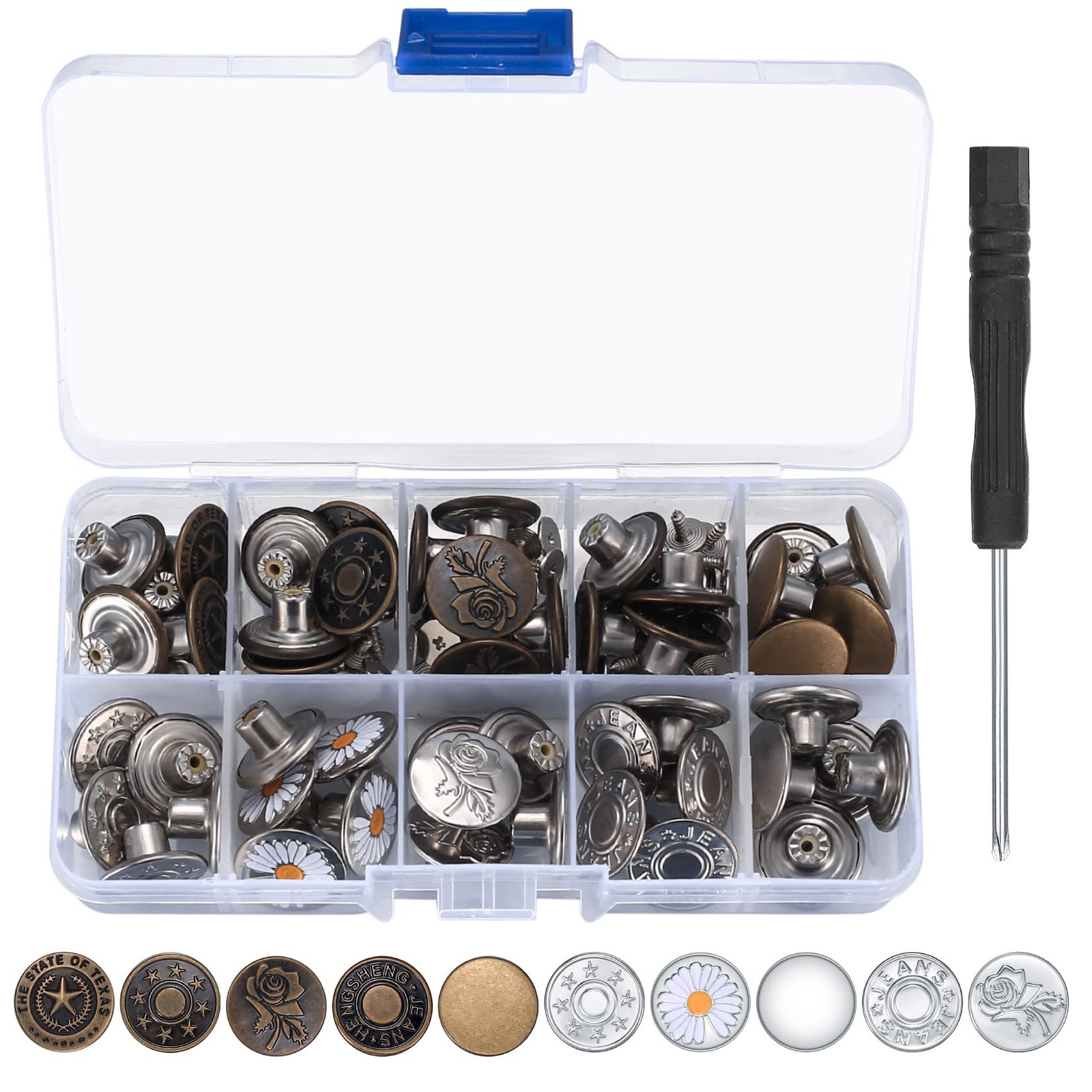 HexinYigjly 50 Pcs Jean Buttons Replacement Kit, 17mm 17 mm/0.67 inch, Silver