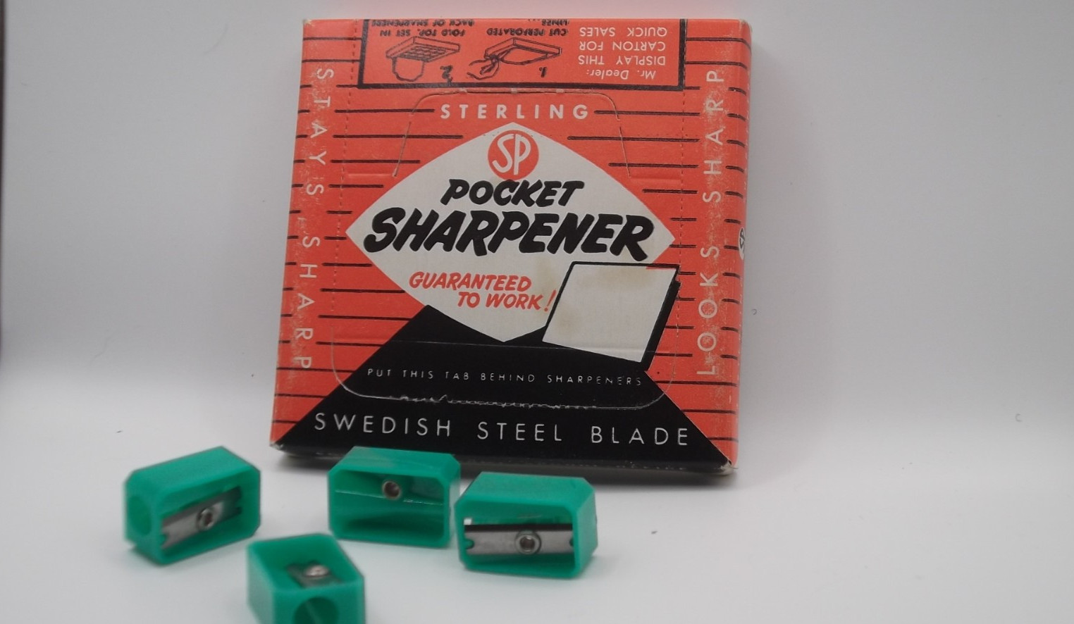 Vintage 1955 Sterling SP Pocket Sharpener Display Box w/Sharpeners Swedish Steel
