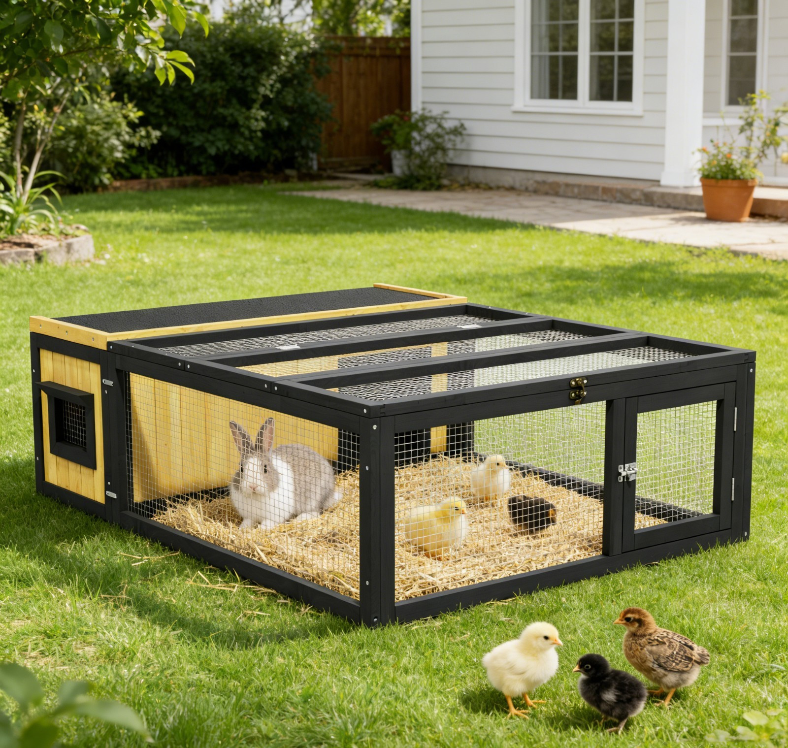 Wooden Rabbit Hutch Bunny Cage Chicken Coop - Small Animal Cage and Coop Outdoor