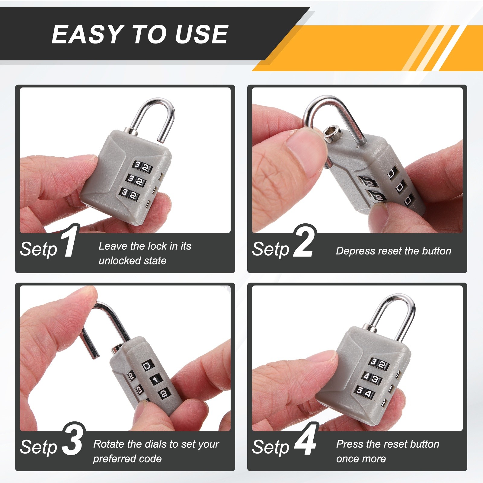 4pcs Resettable 3 Digit Plastic Combination Padlock, Black (60 x 32mm)