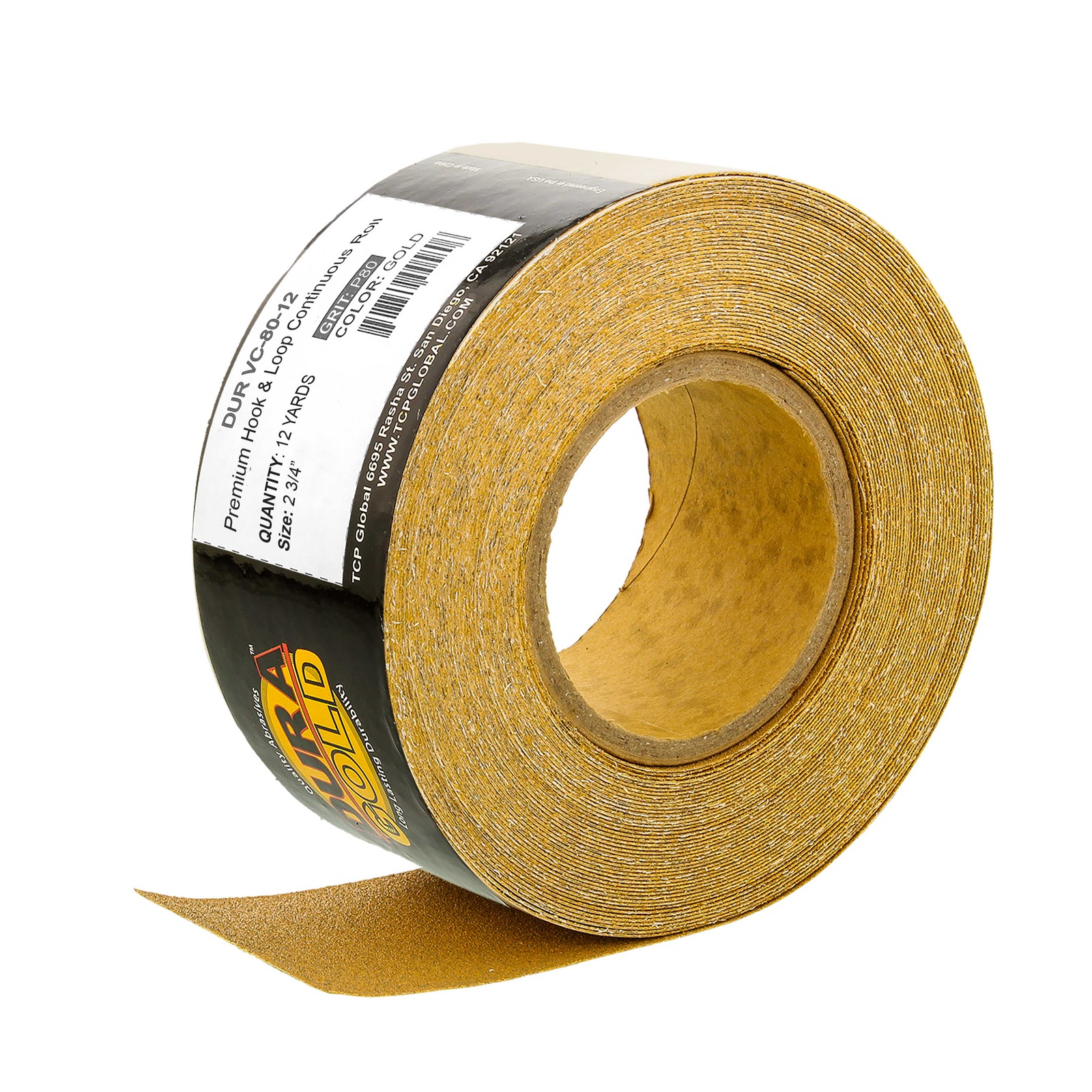 Dura-Gold 80 Grit Gold Longboard Sandpaper Roll 2-3/4" Wide, 12yds, Hook & Loop