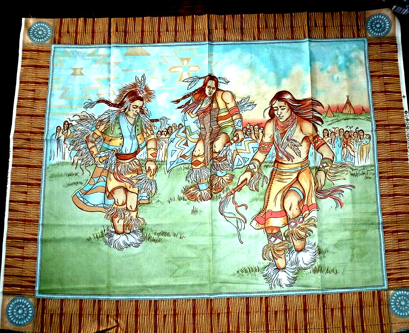 Native American Fabric Panel Block Sage Green Quilt Needle War Dance 35" x 45"