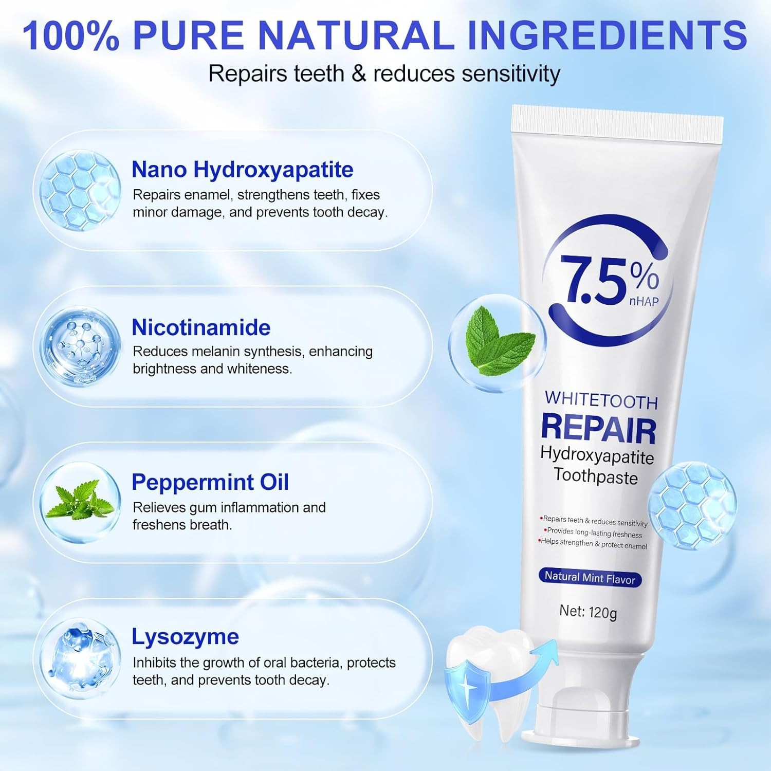 7.5% Hydroxyapatite Toothpaste,1 Pack Toothpaste for Advanced Enamel Protection,