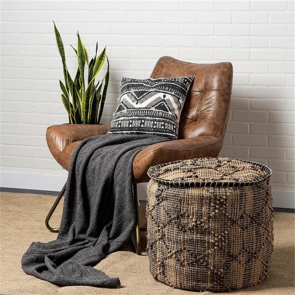 Pemberly Row Mid-Century Tan Jute Popcorn Stich Cylindrical Wool Pouf