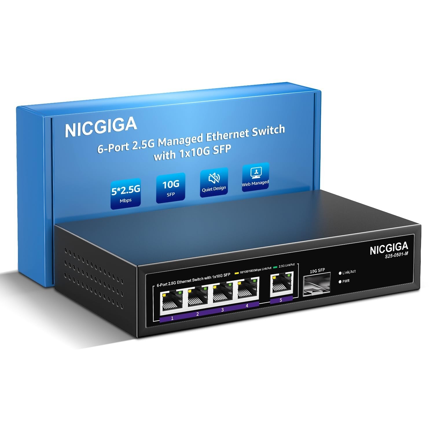6 Port 2.5G Web Smart Managed Ethernet Switch, 5x2.5Gbps Base-T&1x 10Gbps SFP Up