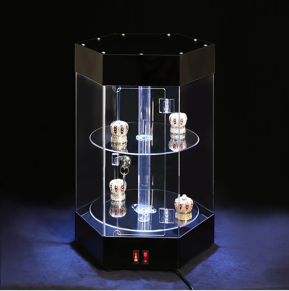 Rotating LED Display Case with Lock – 13 3/4" x 12" x 19 1/2" Acrylic Showcase