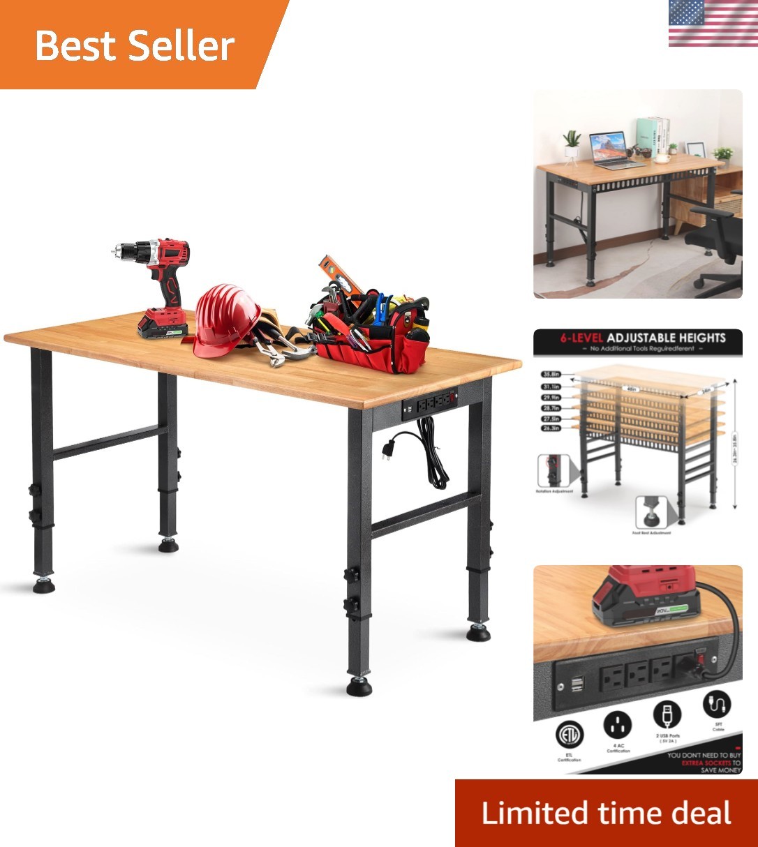 Versatile 48" Adjustable Workbench with  Certified Power Outlets - 2000 lbs