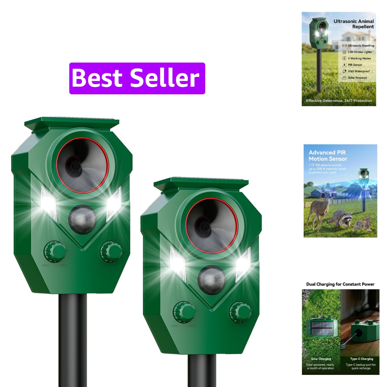 Solar Ultrasonic Animal Repellent Outdoor, Motion Activated Deer Repellent De...
