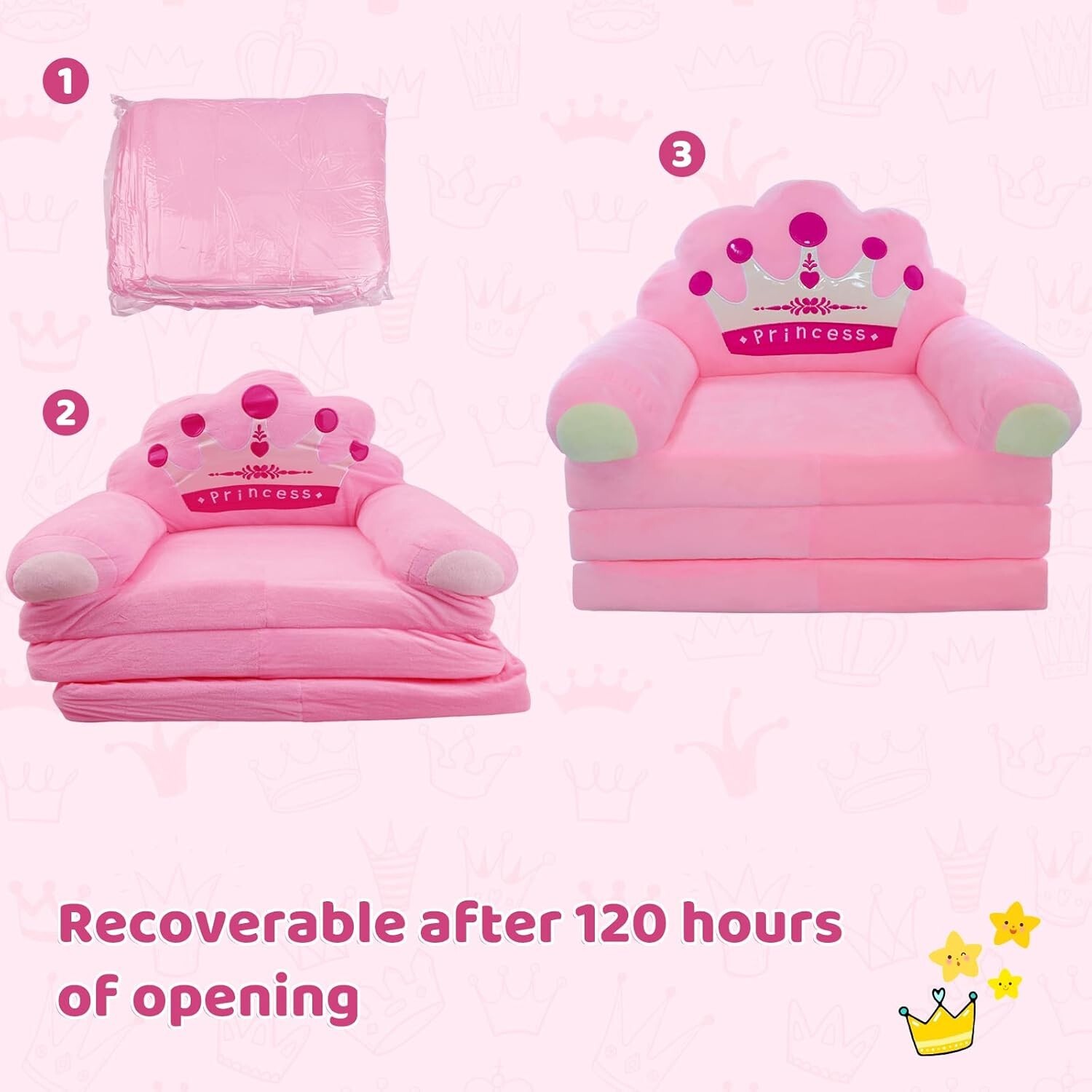Kids Fold Out Couch, Couch for Toddlers 1-3, 2-in-1 Foldable Pink Crown