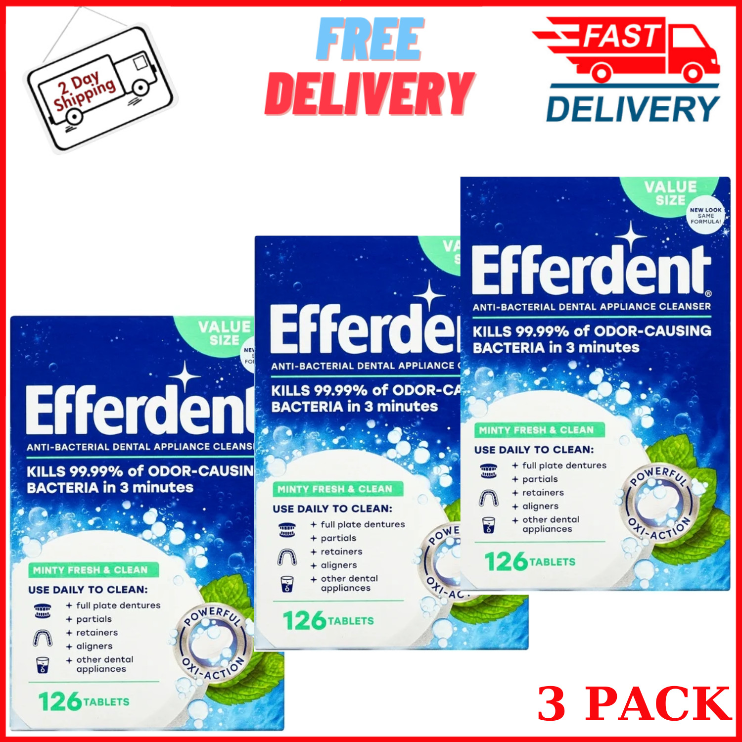 Efferdent Retainer & Denture Cleaner Tablets Minty & Fresh Clean, 126 Ct, 3 Pack