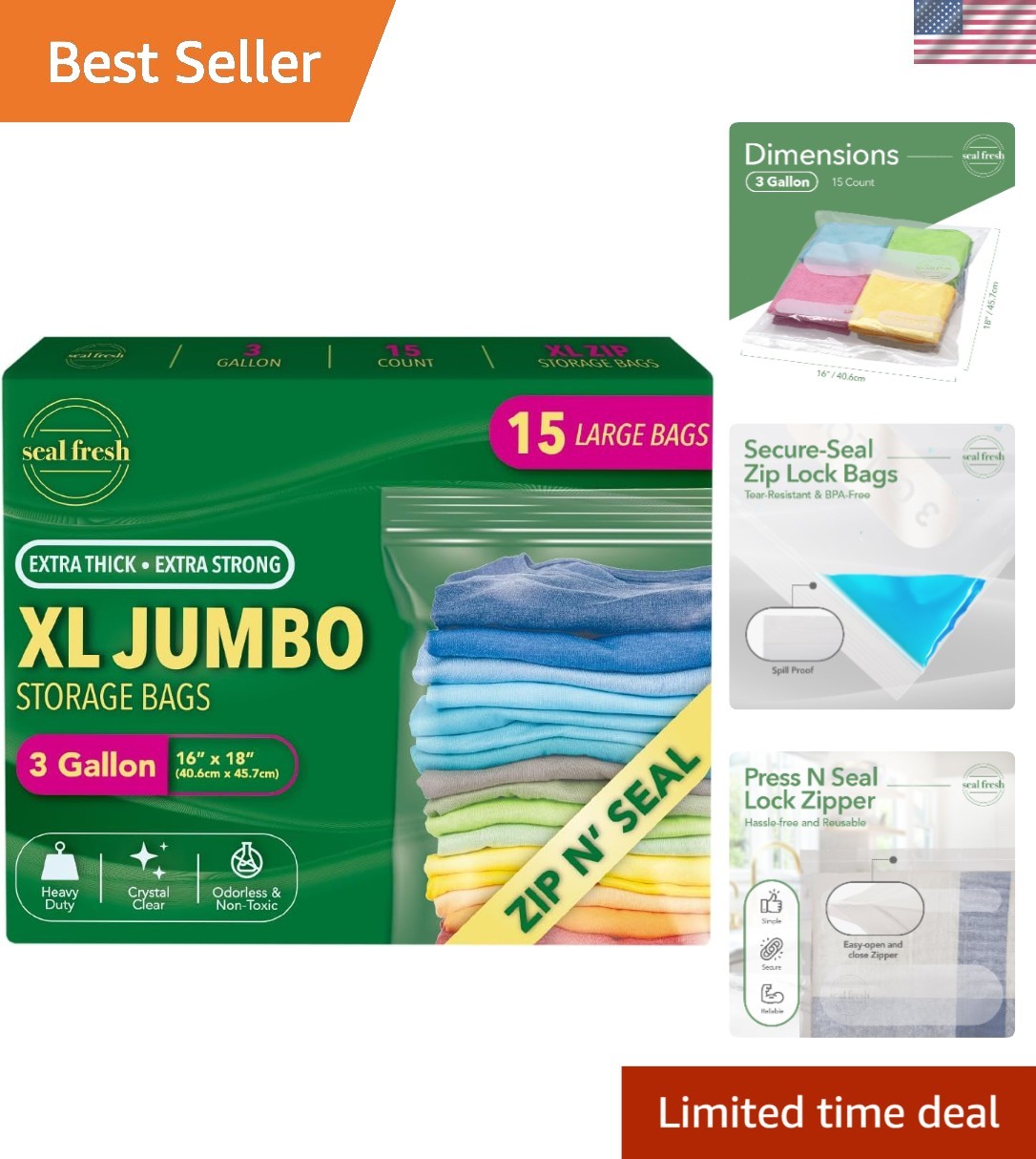 Large Plastic Storage Bags 3 Gallon Zip Lock Freezer Bags Reusable Clear