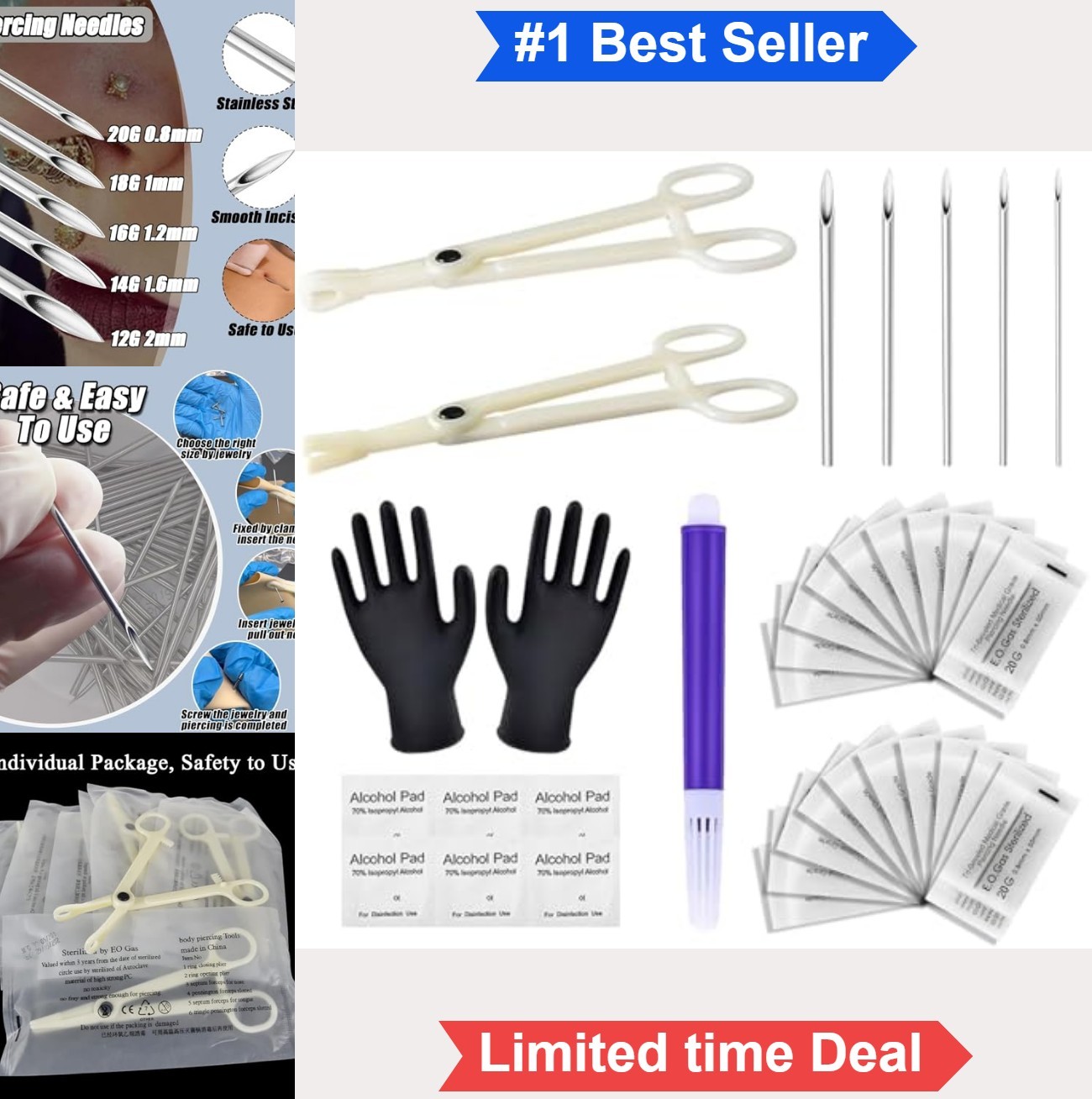 Piercing Kit 36 Pieces 25 Needles Mixed Gauges 12G 14G 16G 18G 20G Clamps