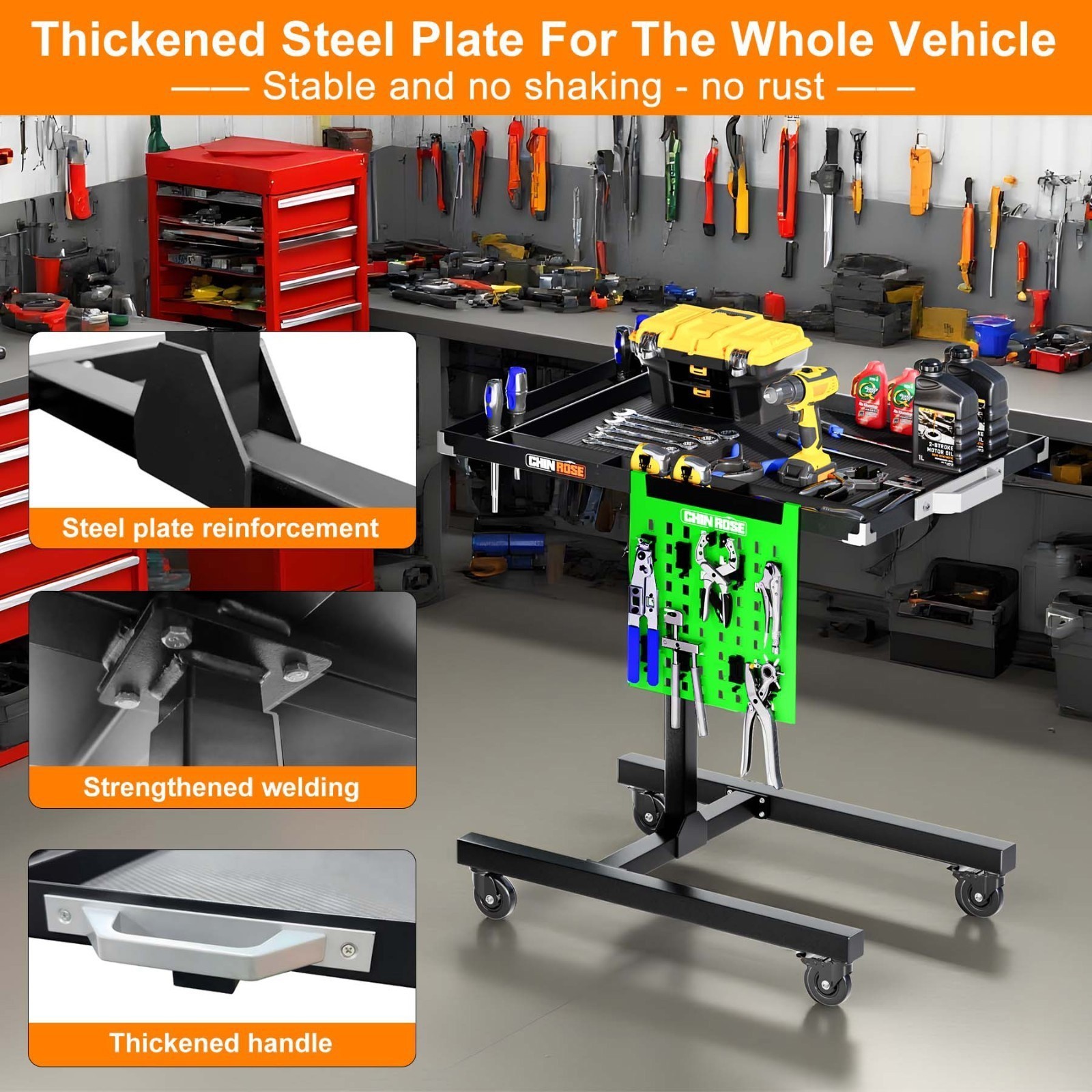 Rolling Tool Tray with Wheels Adjustable Height Mobile Work Table 500Lb Capacity