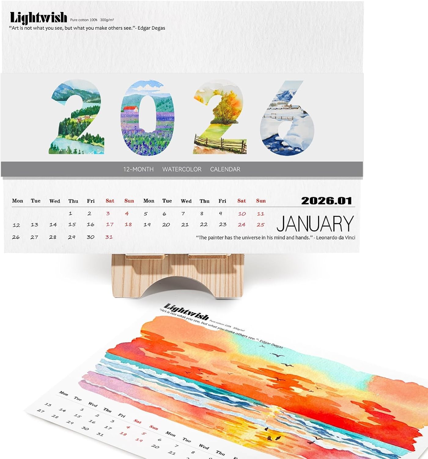 Lightwish Watercolor Calendar Paper for 2026, 100% Cotton, 12 Sheets, 140lb/300g