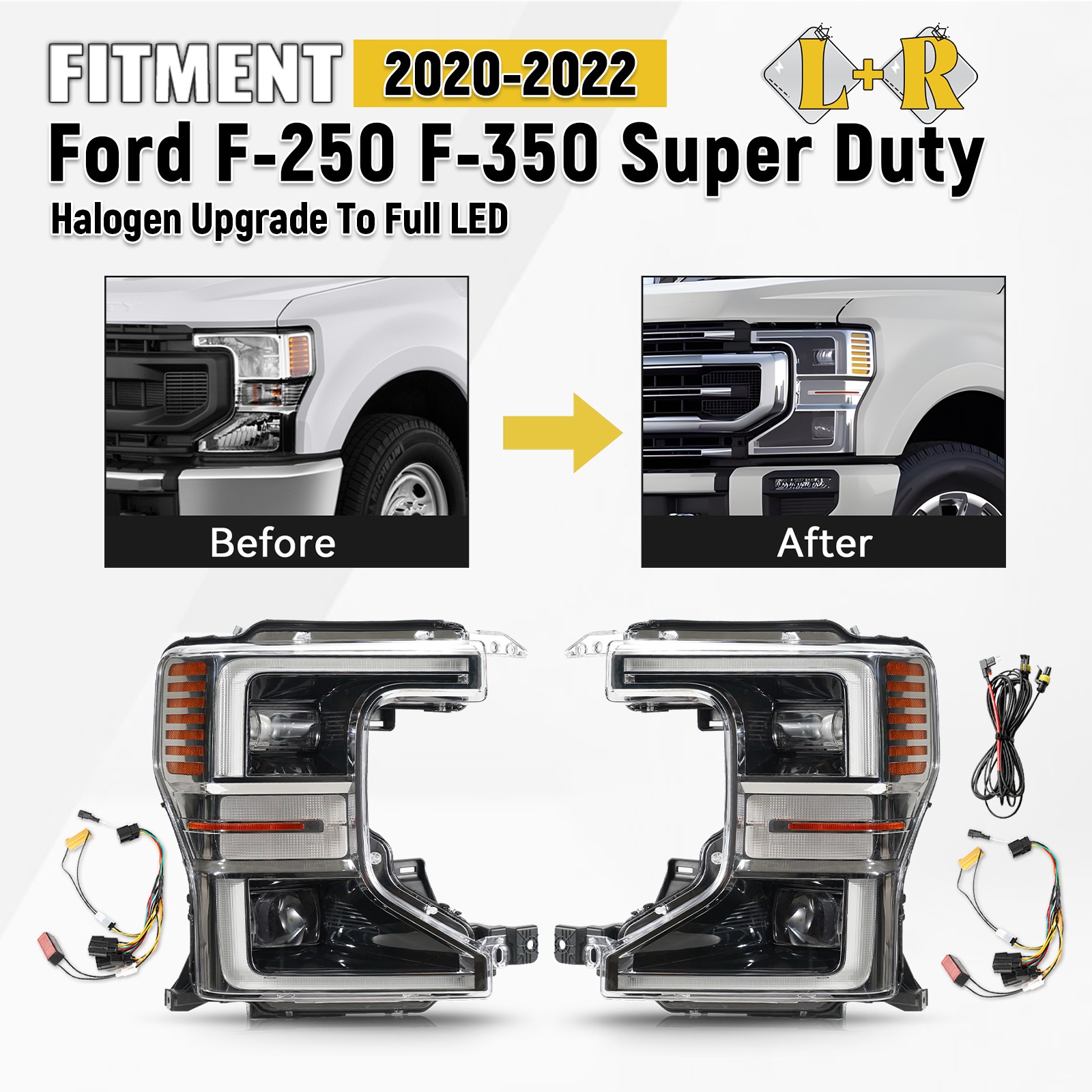 For 2020-2022 Ford F-250 Super Duty Chrome Halogen Upgrade Full LED Headlights