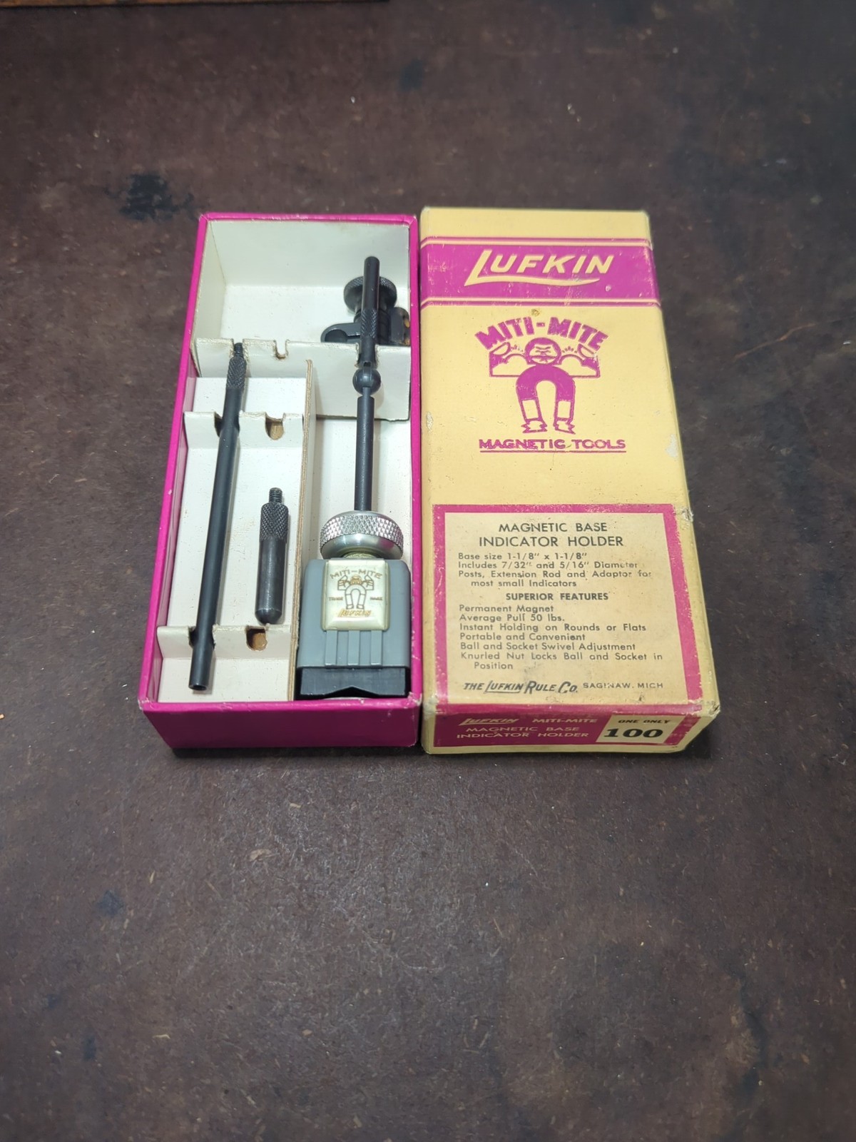 Lufkin No 100 Miti-Mite Magnetic Base Indicator Holder Machinist Tool With Box