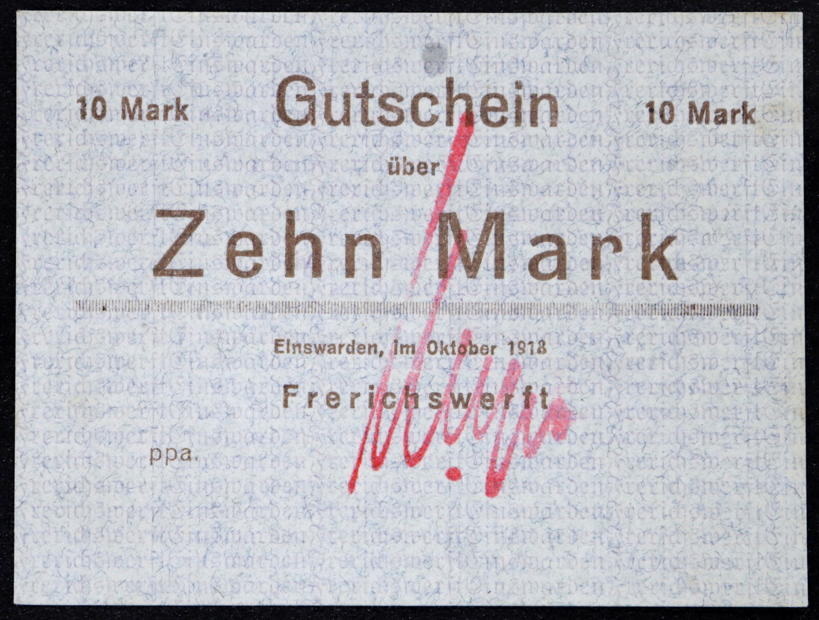 EINSWARDEN 1918 10 Mark Grossnotgeld German Notgeld Banknote Thick Paper