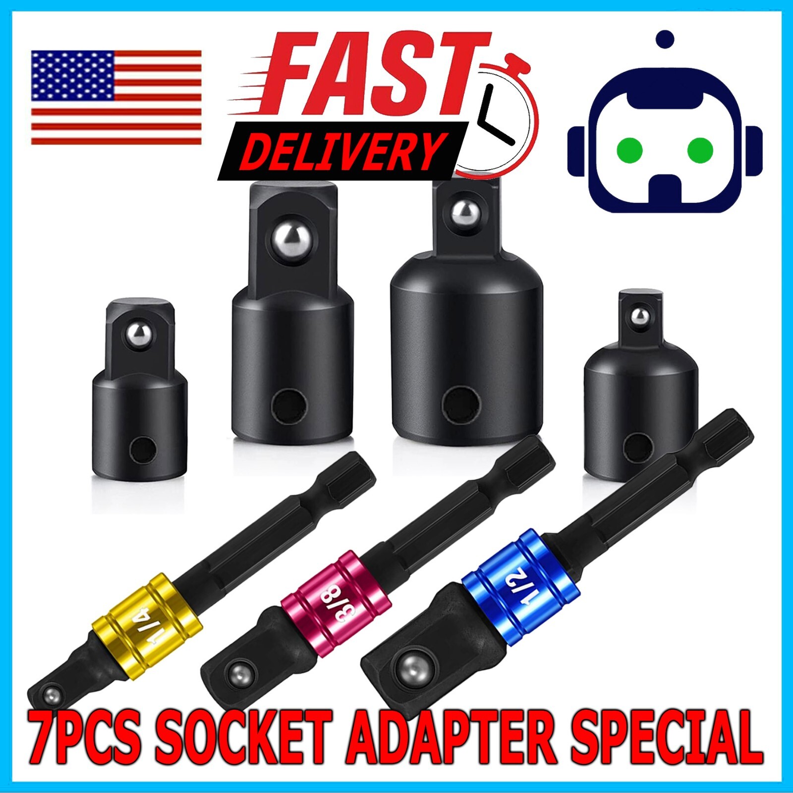 7 pack 3/8" to 1/4" 1/2 inch Drive Ratchet SOCKET ADAPTER REDUCER Air Impact Set