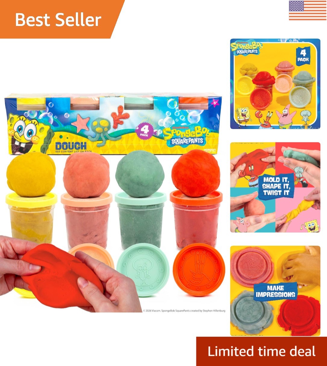 SpongeBob Squarepants Dough Set for Kids: 4 Fun Colors & Resealable Containers
