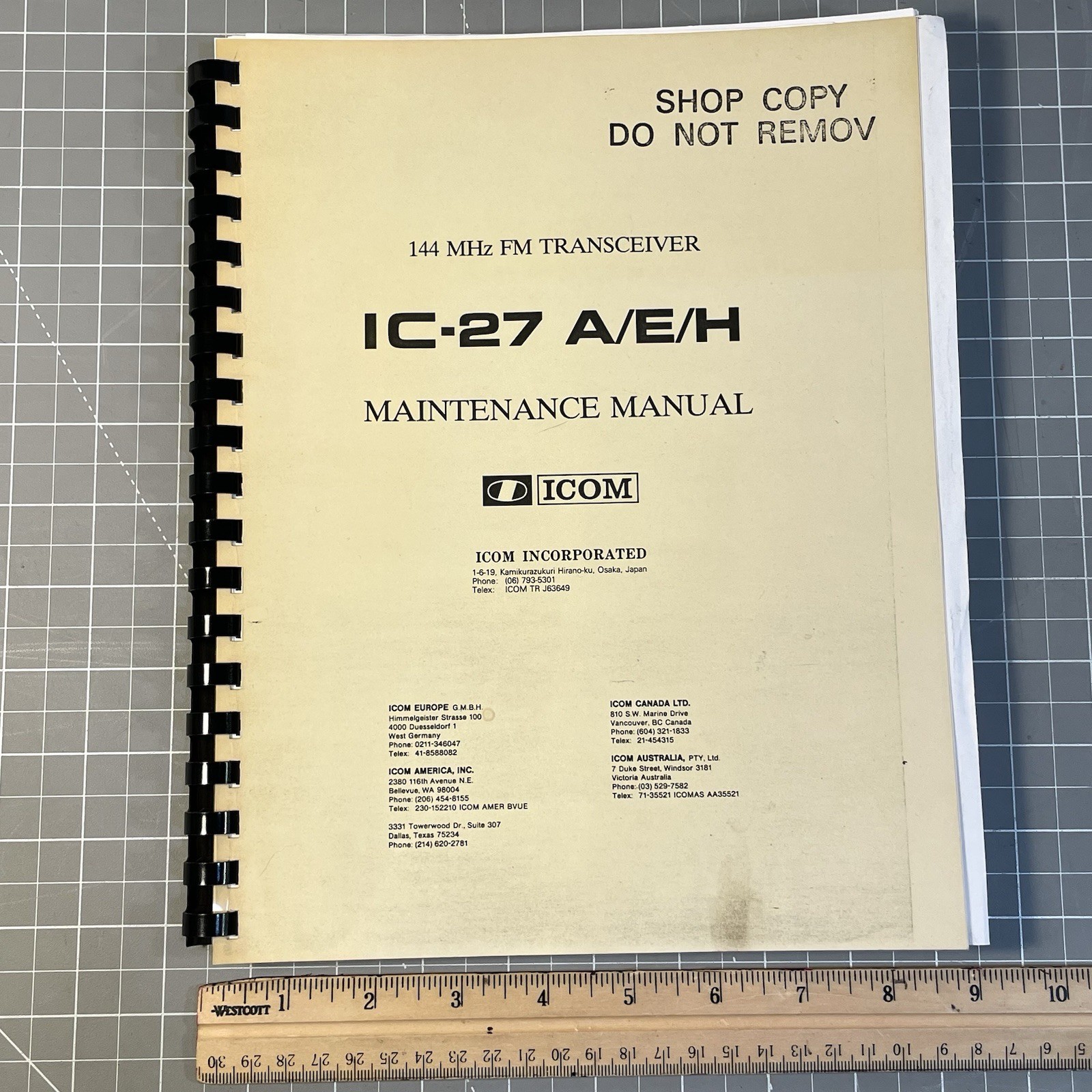 Icom IC-27 A/E/H 144 MHz FM Transceiver Maintenance Manual Spiral Shop Copy