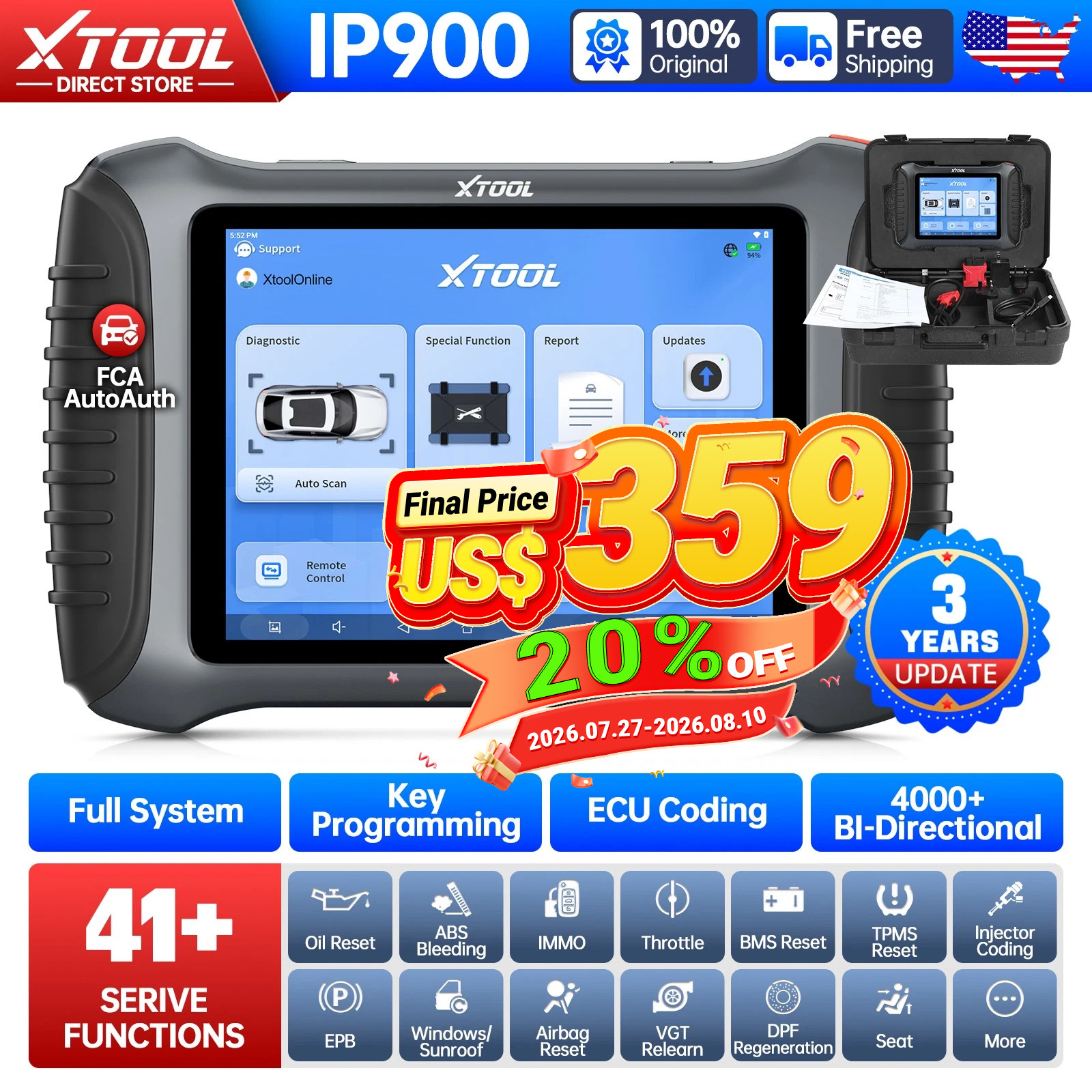 XTOOL IP900 Bidirectional Diagnostic Tool OBD2 Scanner Key Programming 41 Reset
