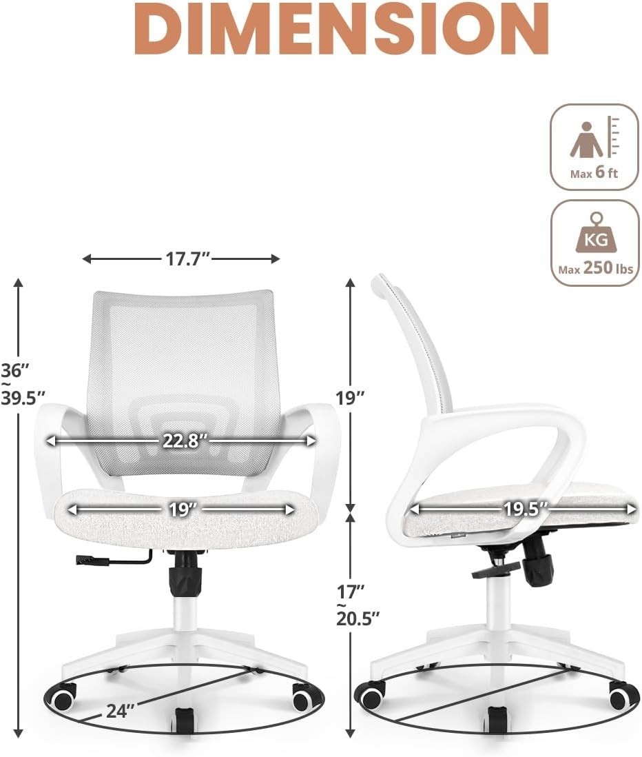Ergonomic Mesh Office Chair with Lumbar Support & Height Adjustability - Ivory