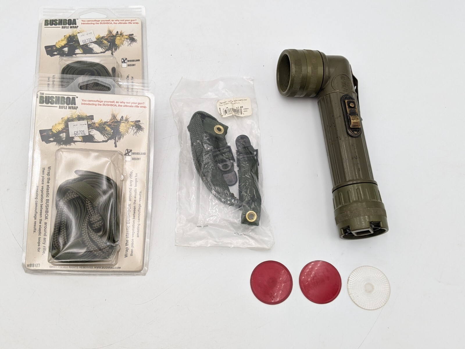 Vtg Gear Bushboa Rifle Wrap MX-991/U Rt Angle Flashlight Filters Chin Strap