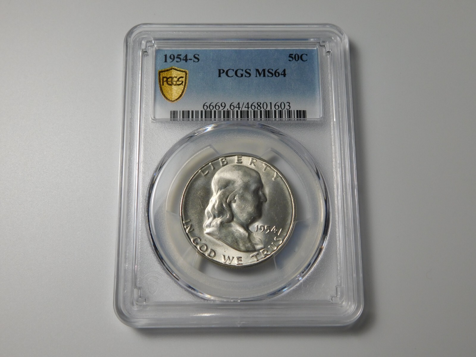 1954-S FRANKLIN SILVER COIN HALF DOLLAR GOLD SHIELD PCGS GRADED MS64
